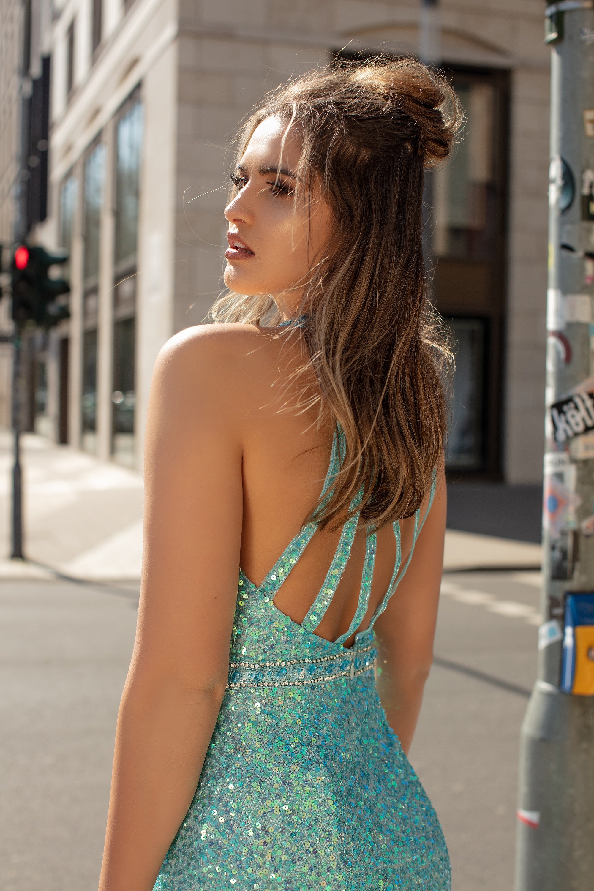 Sequined Jewel Neck High Slit Dress By Chic And Holland -AN1411