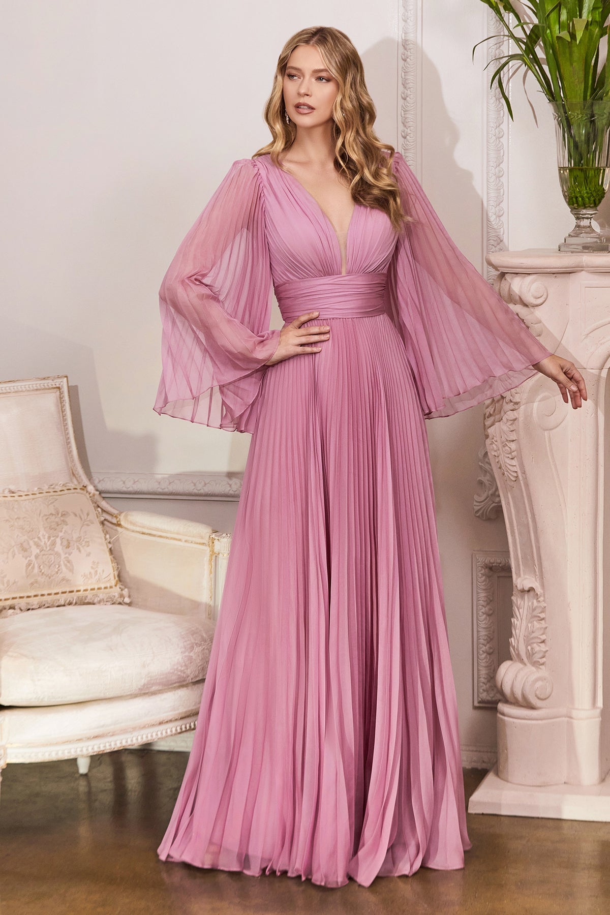 Clearance Sale Pleated Chiffon Long Sleeve Gown By Cinderella Divine -CD242CL