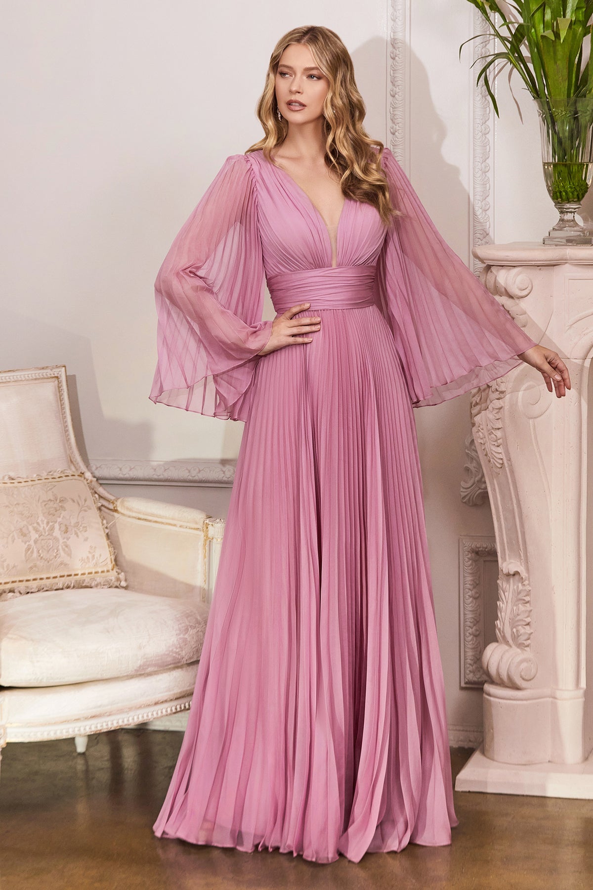 Pleated Chiffon Long Sleeve Gown By Cinderella Divine -CD242