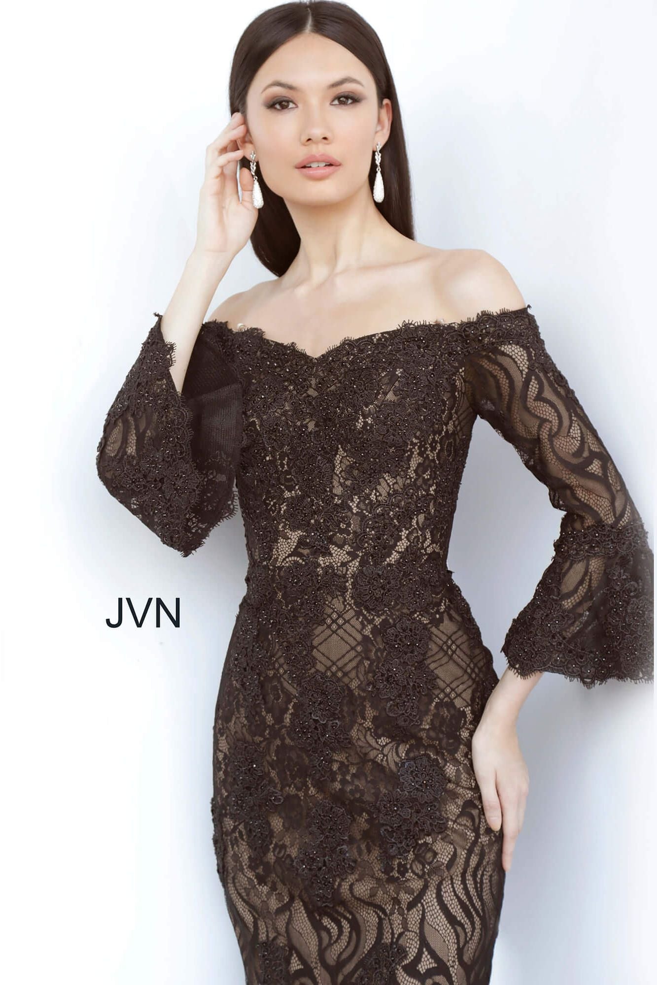 Off The Shoulder Tea Length Lace Evening Dress By Jovani -JVN2241
