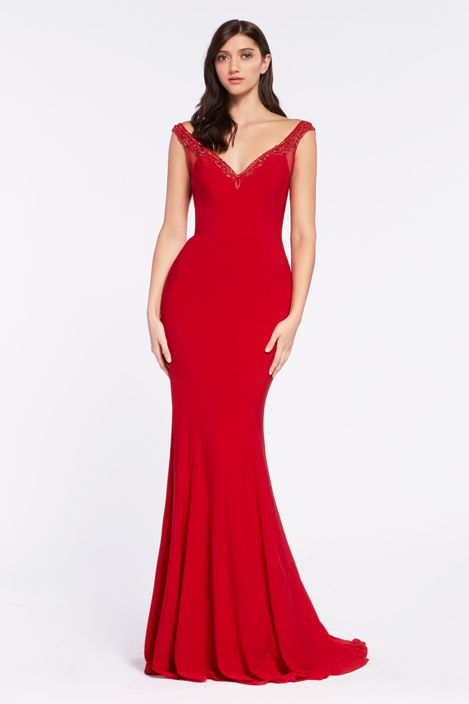 Off The Shoulder Gown With Beaded Neckline Trim And Keyhole Open Back by Cinderella Divine -RV712
