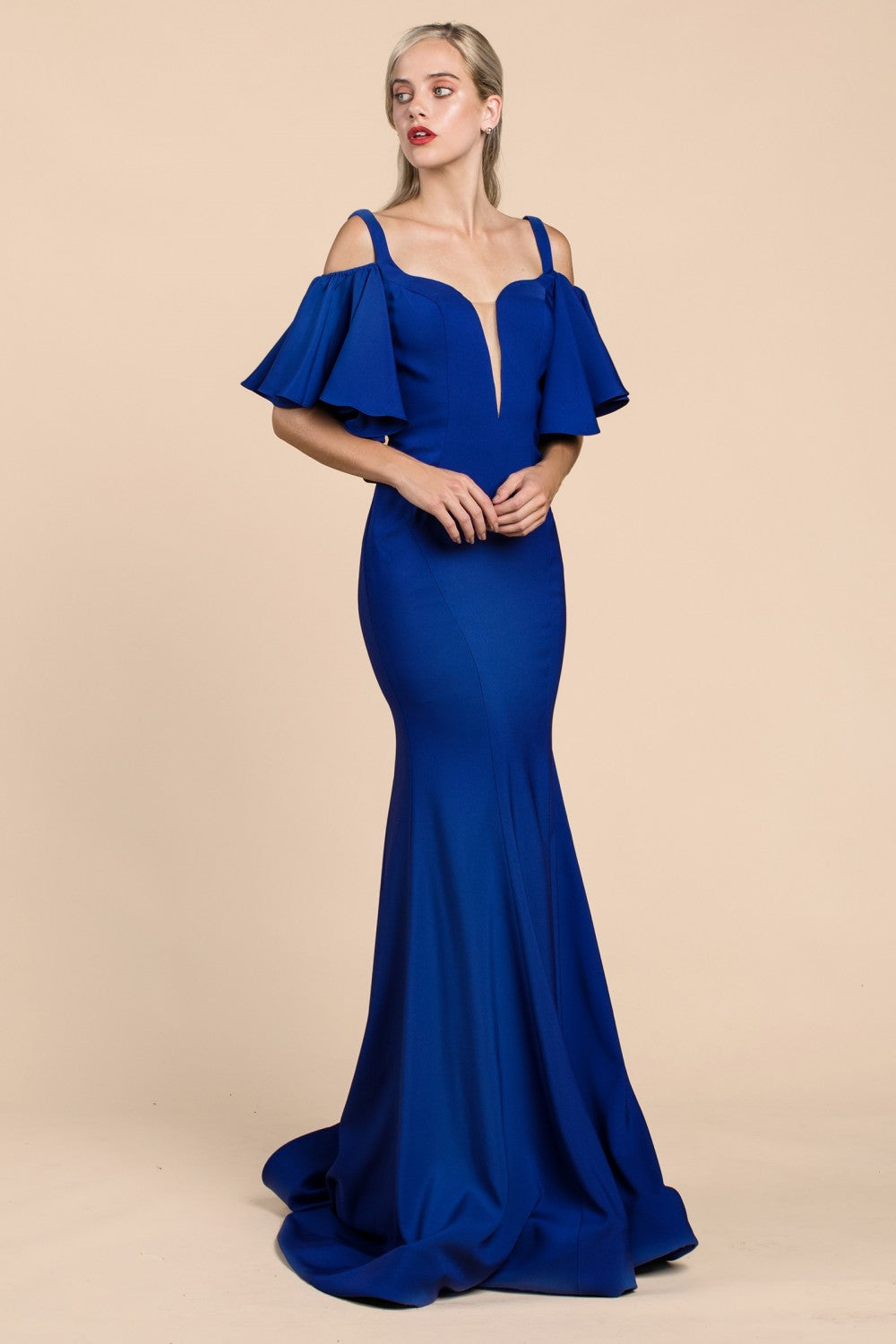 Cold Off-Shoulder Flair Sleeves Mermaid Gown By Cinderella Divine -A0079