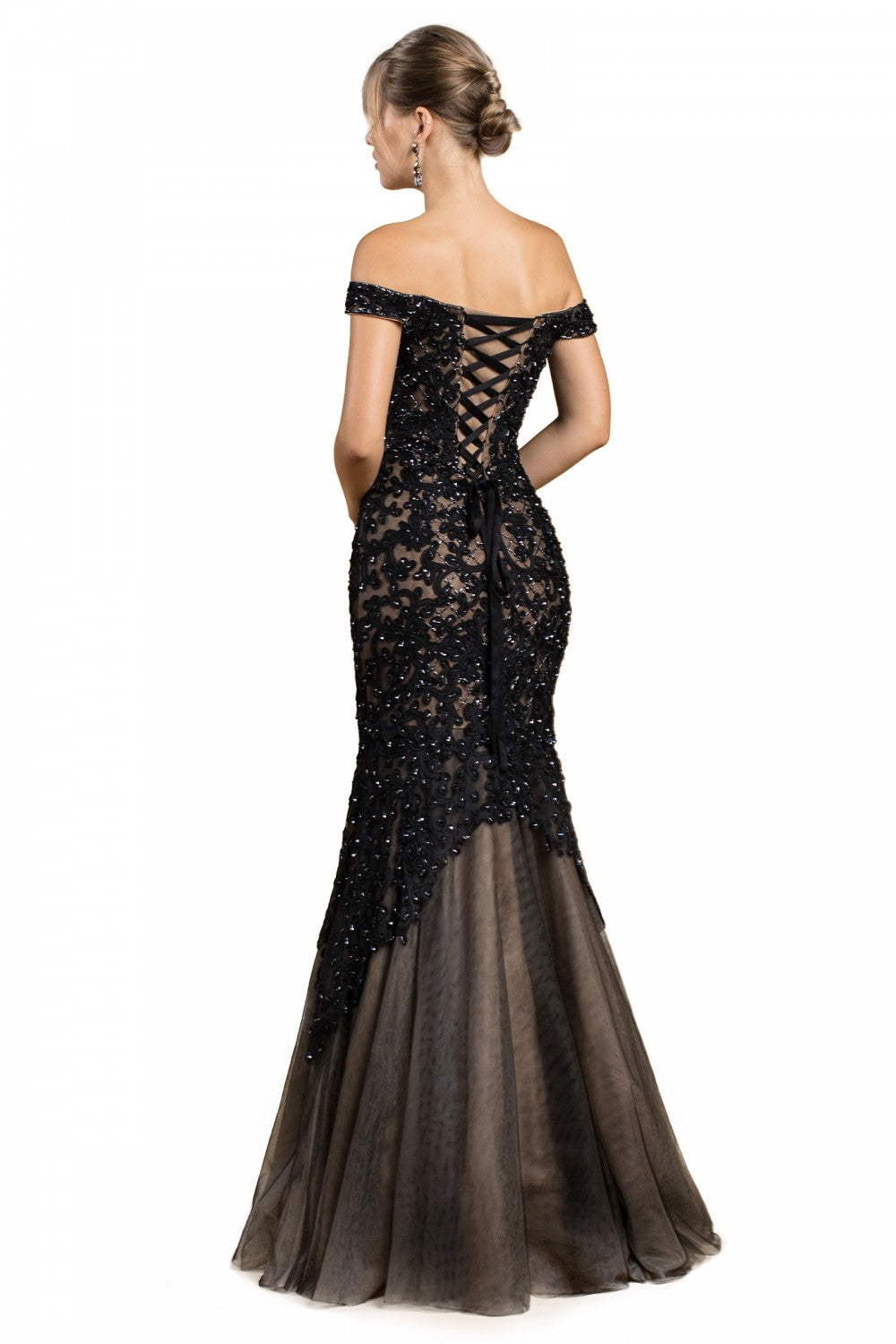 Off The Shoulder Mermaid Gown With Lace Overlay And Tulle Skirt by Cinderella Divine -A0401