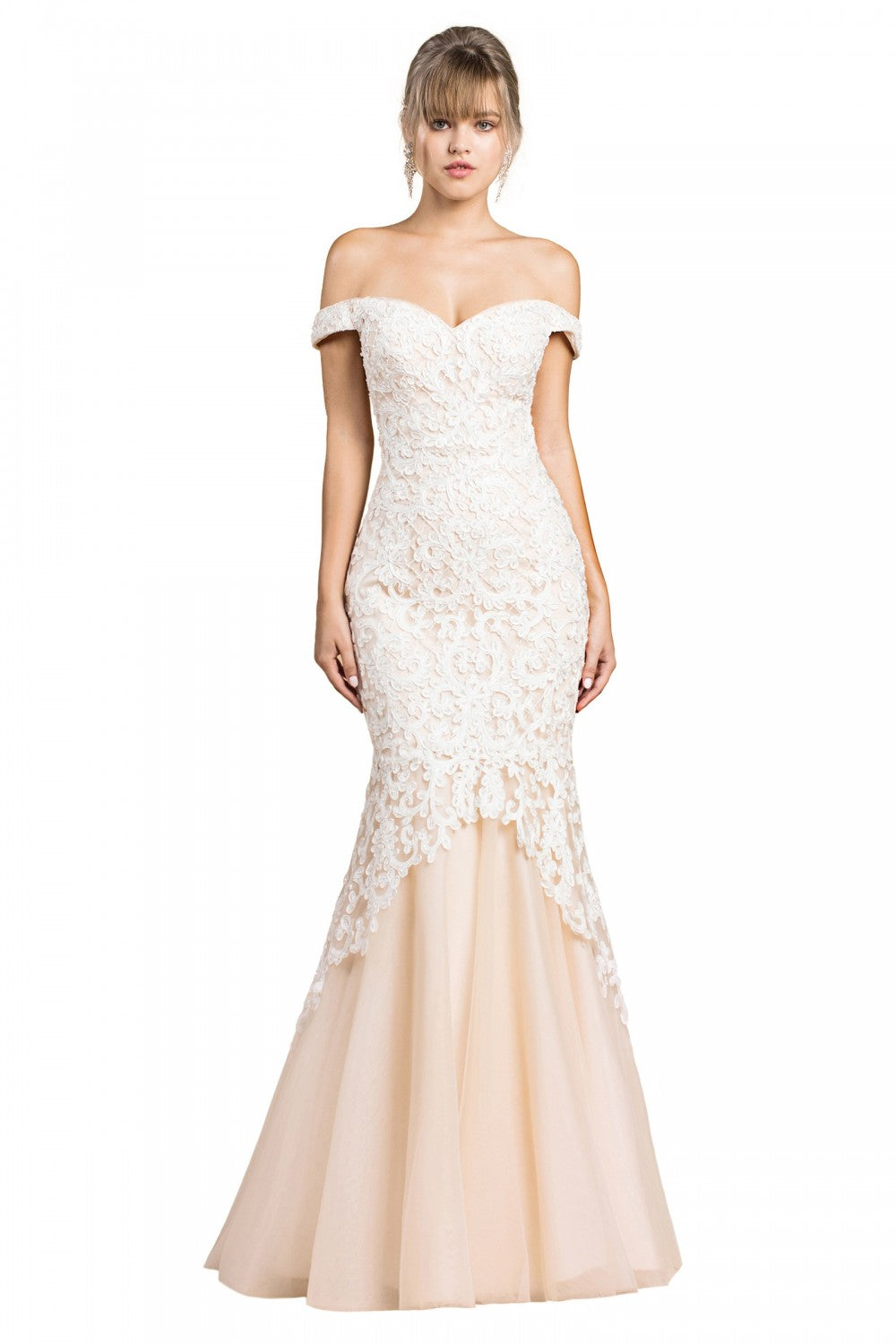 Off The Shoulder Mermaid Gown With Lace Overlay And Tulle Skirt by Cinderella Divine -A0401