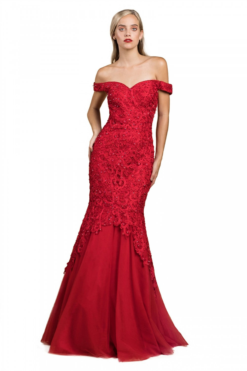 Off The Shoulder Mermaid Gown With Lace Overlay And Tulle Skirt by Cinderella Divine -A0401