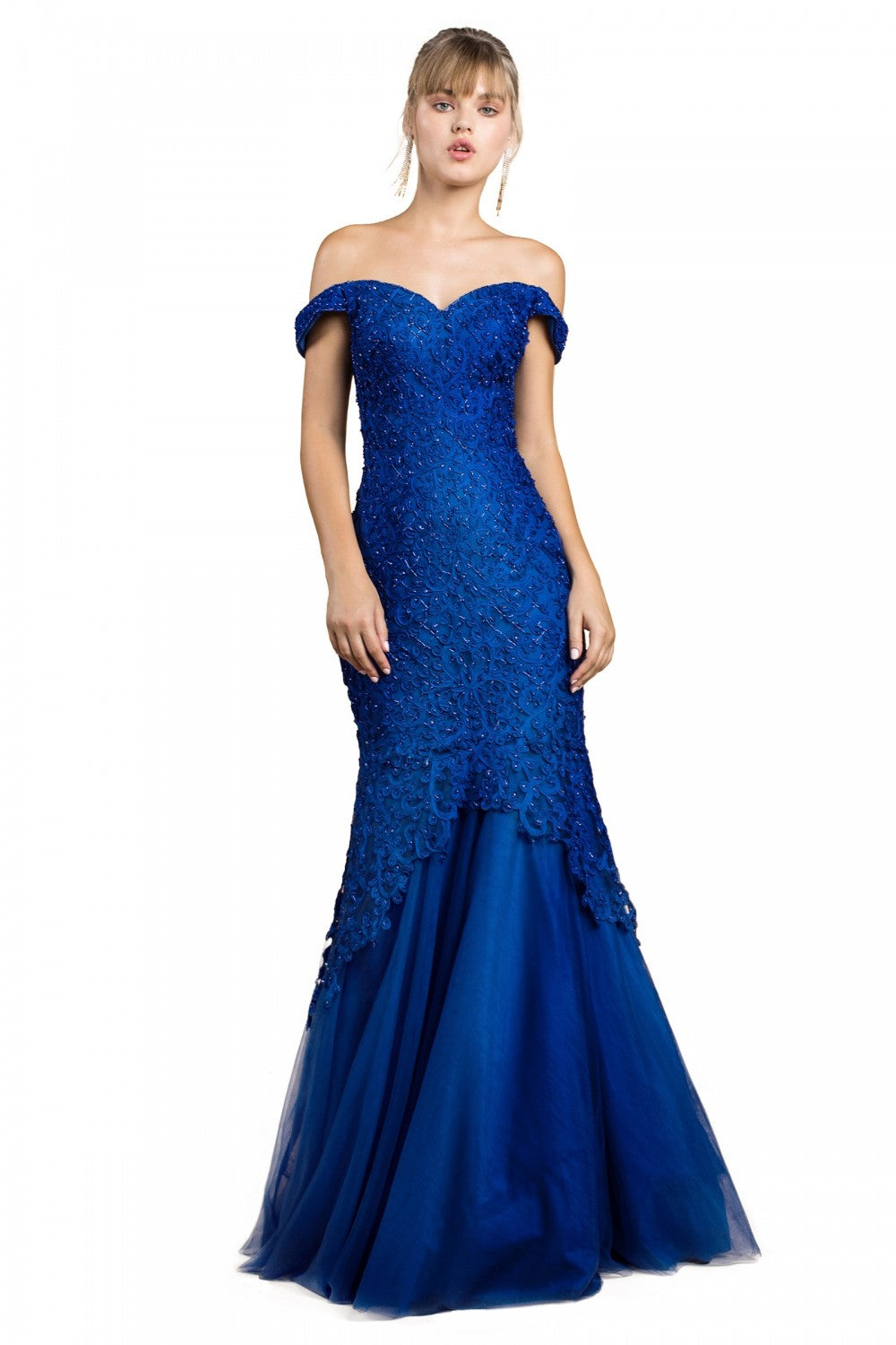 Off The Shoulder Mermaid Gown With Lace Overlay And Tulle Skirt by Cinderella Divine -A0401