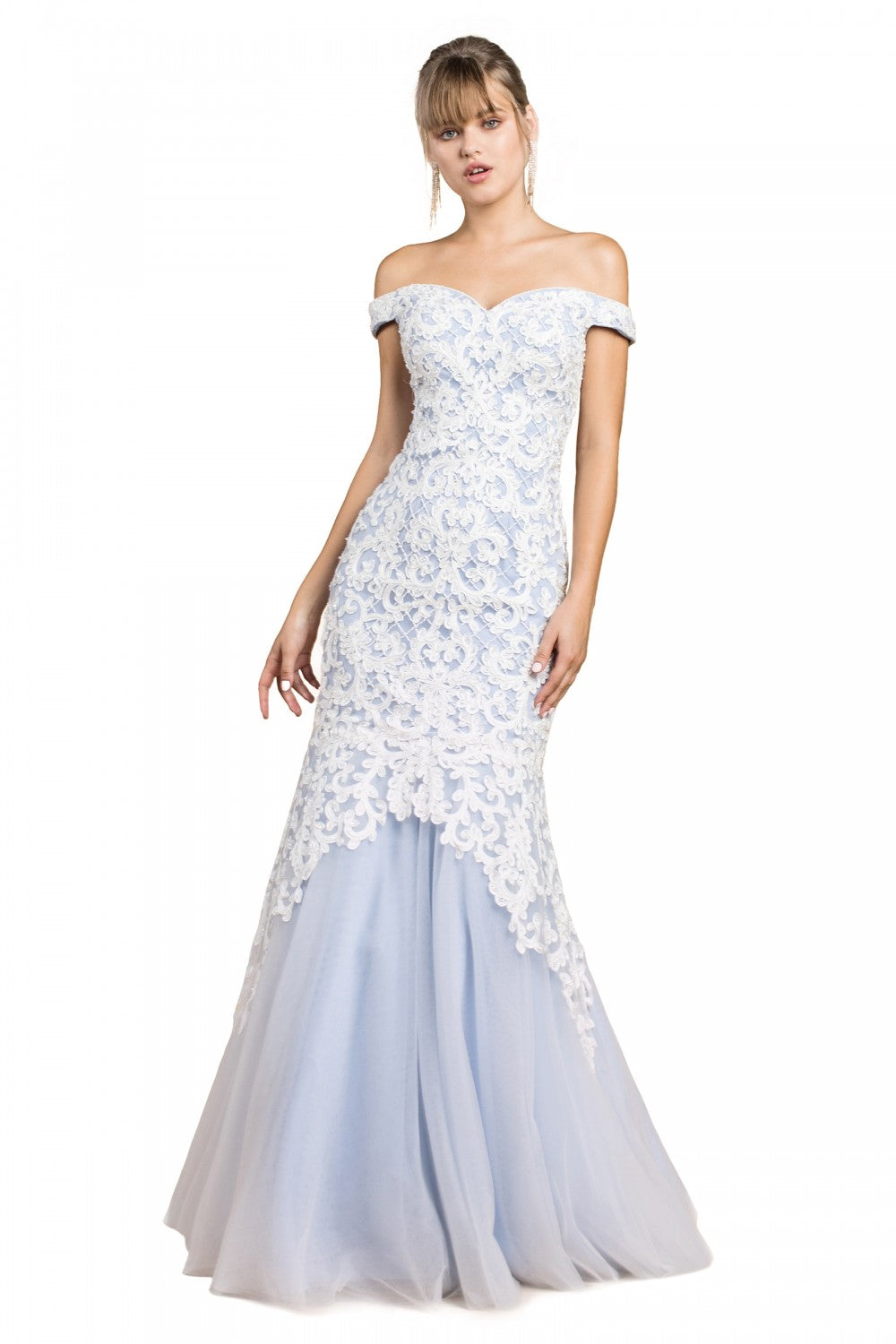 Off The Shoulder Mermaid Gown With Lace Overlay And Tulle Skirt by Cinderella Divine -A0401