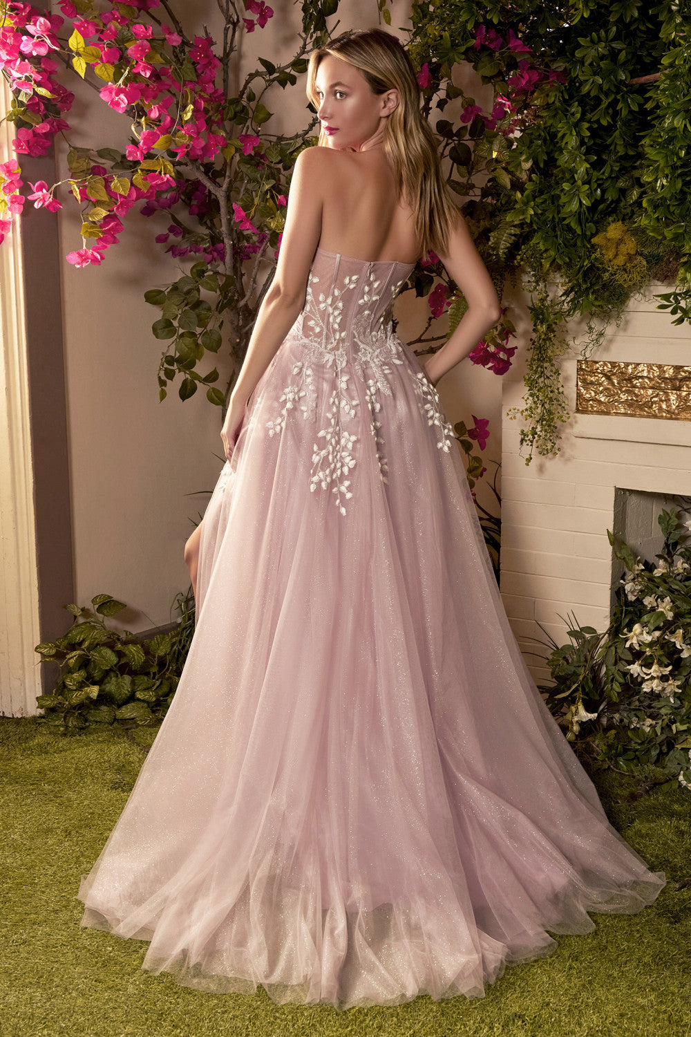 Corset Strapless Floral Applique A-Line Gown by Andrea and Leo -A1029