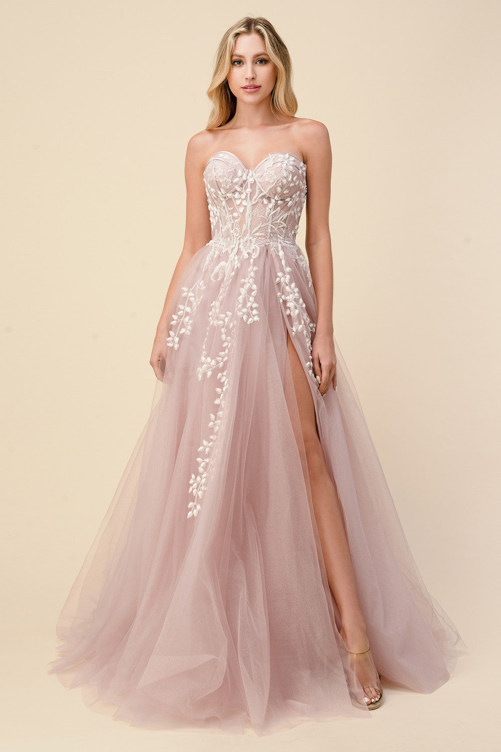 Corset Strapless Floral Applique A-Line Gown by Andrea and Leo -A1029