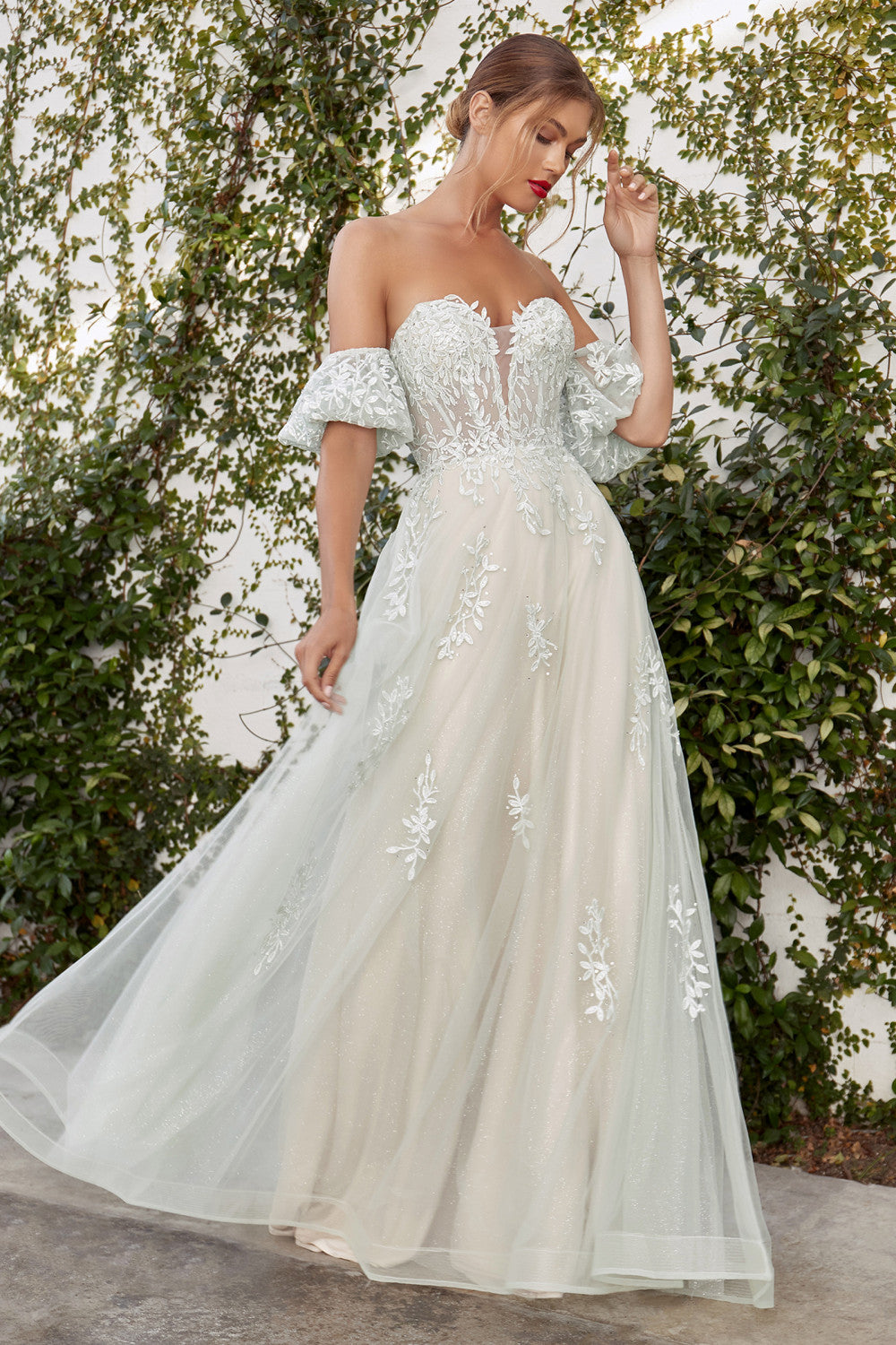 Off Shoulder Puff Detachable Sleeves Lace Tulle A-Line Dress By Andrea And Leo -A1046