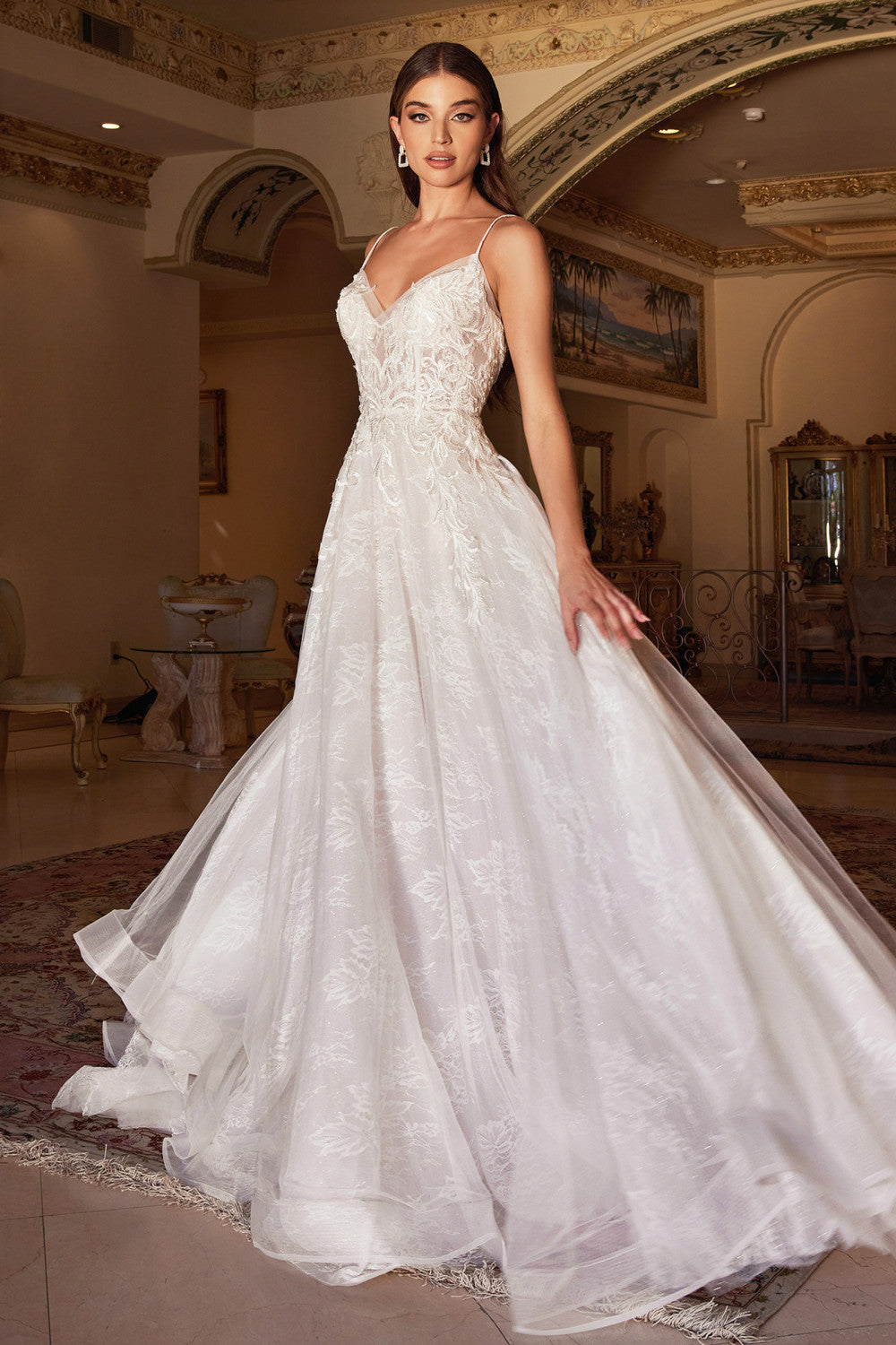 chantilly lace a line wedding dress Floral Wedding Gown with Sequin Chantilly Lace  A-Line Wedding Dress with Cascading Ruffles - Strapless Wedding Dress Plus Size
