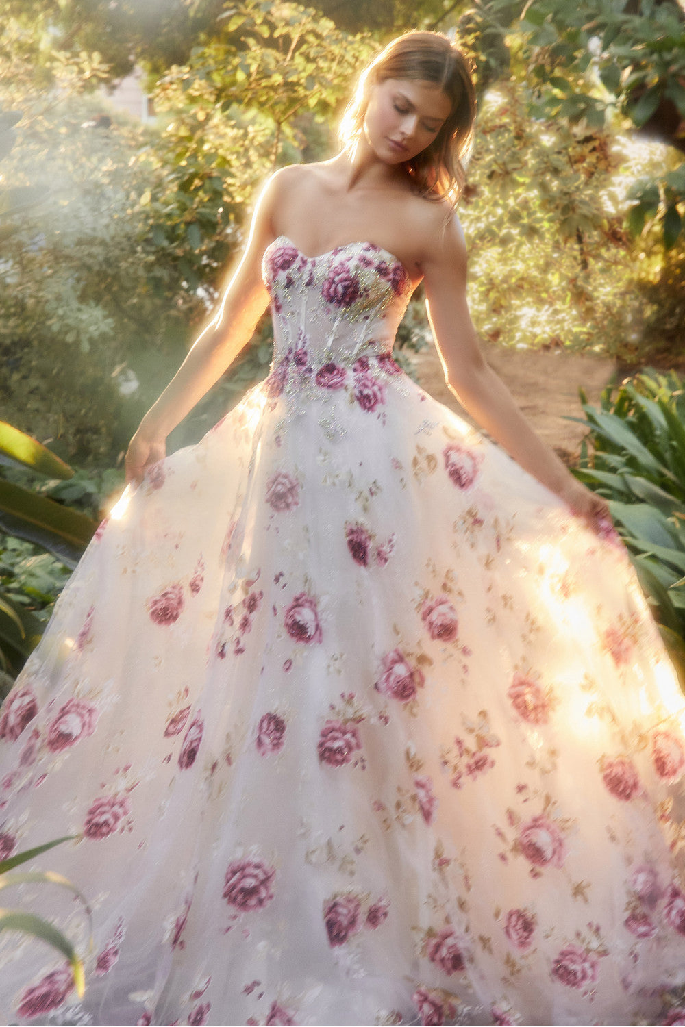 Strapless Organza Peony Print Ball Gown By Andrea And Leo -A1133