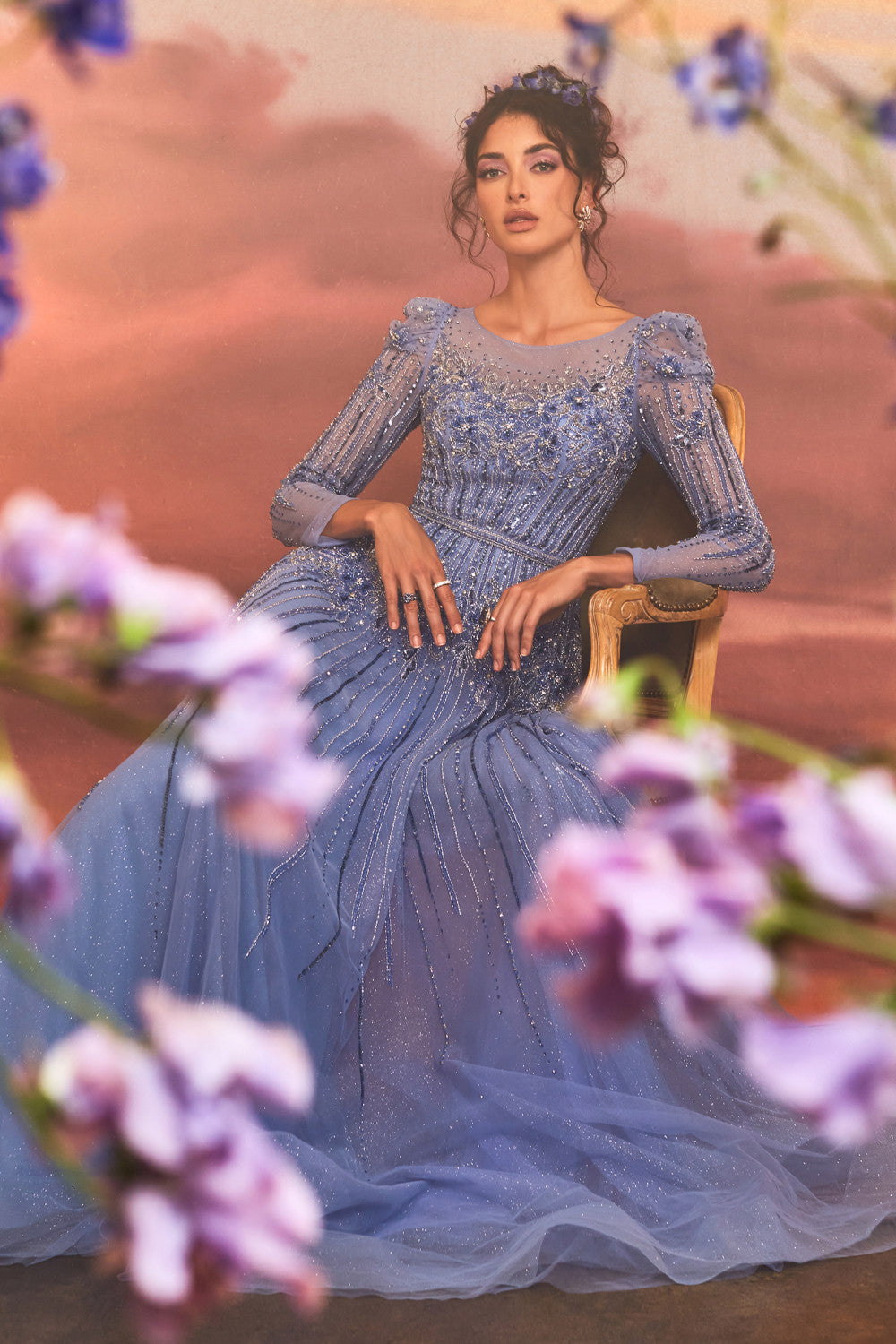 Azurite Beaded Long Sleeve A-Line Gown By Andrea And Leo -A1167