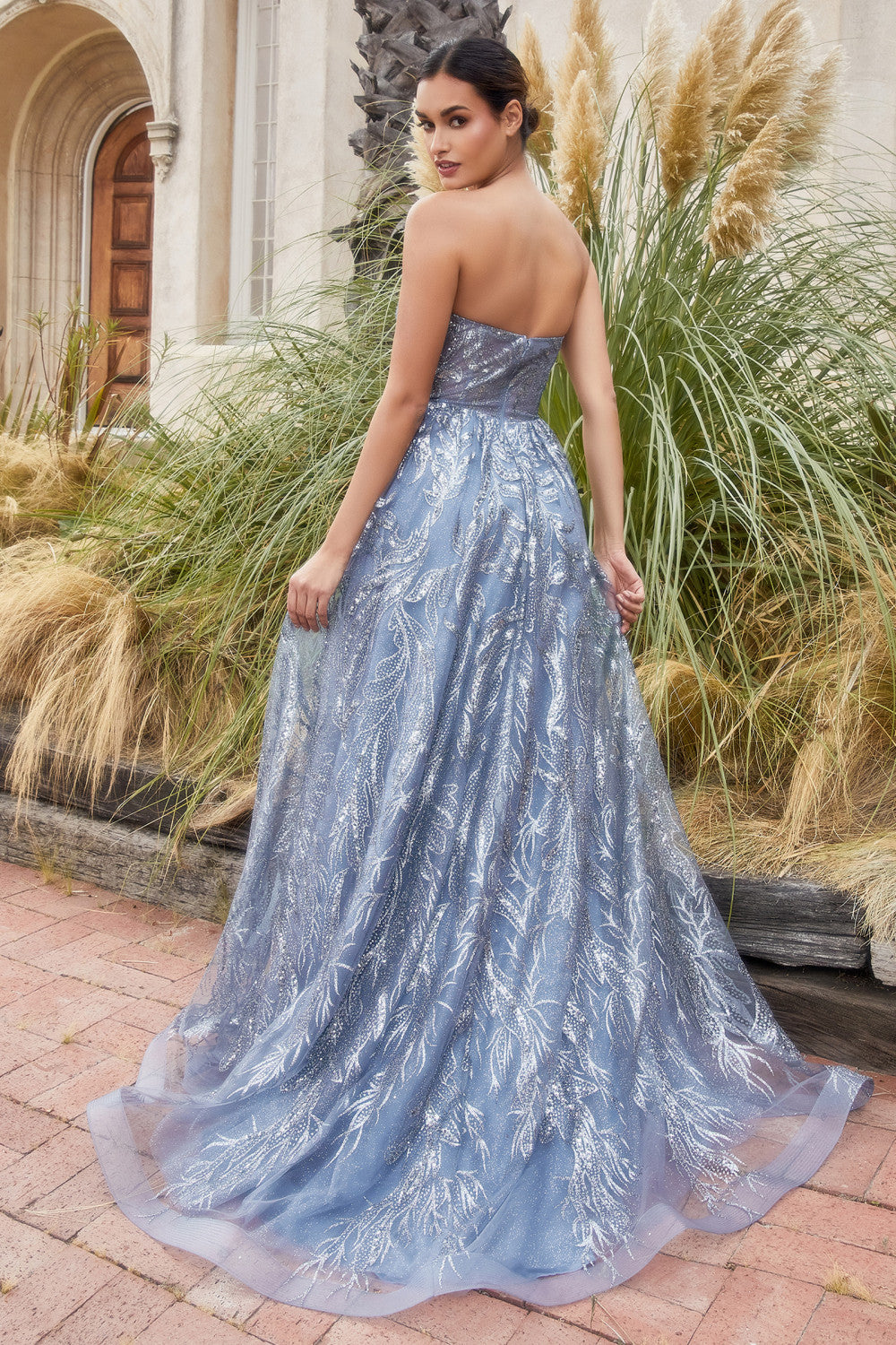 Shimmer Leaf Motif Ball Gown With Matching Shawl By Andrea And Leo -A1174