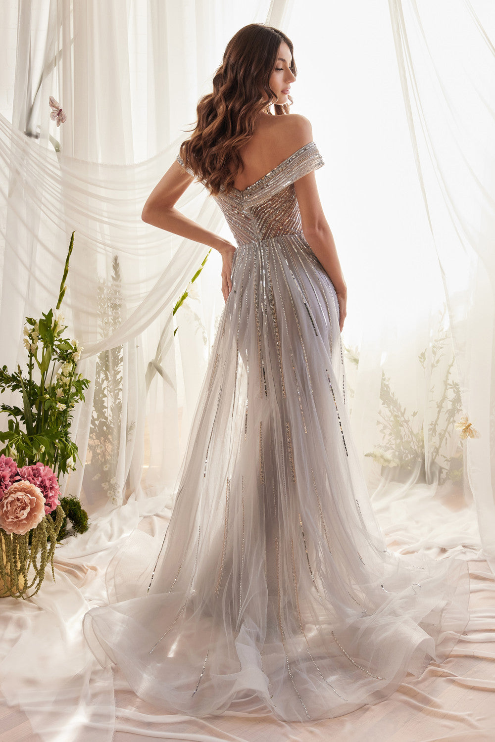Silver Siren Bead Gown With Overskirt By Andrea And Leo -A1182