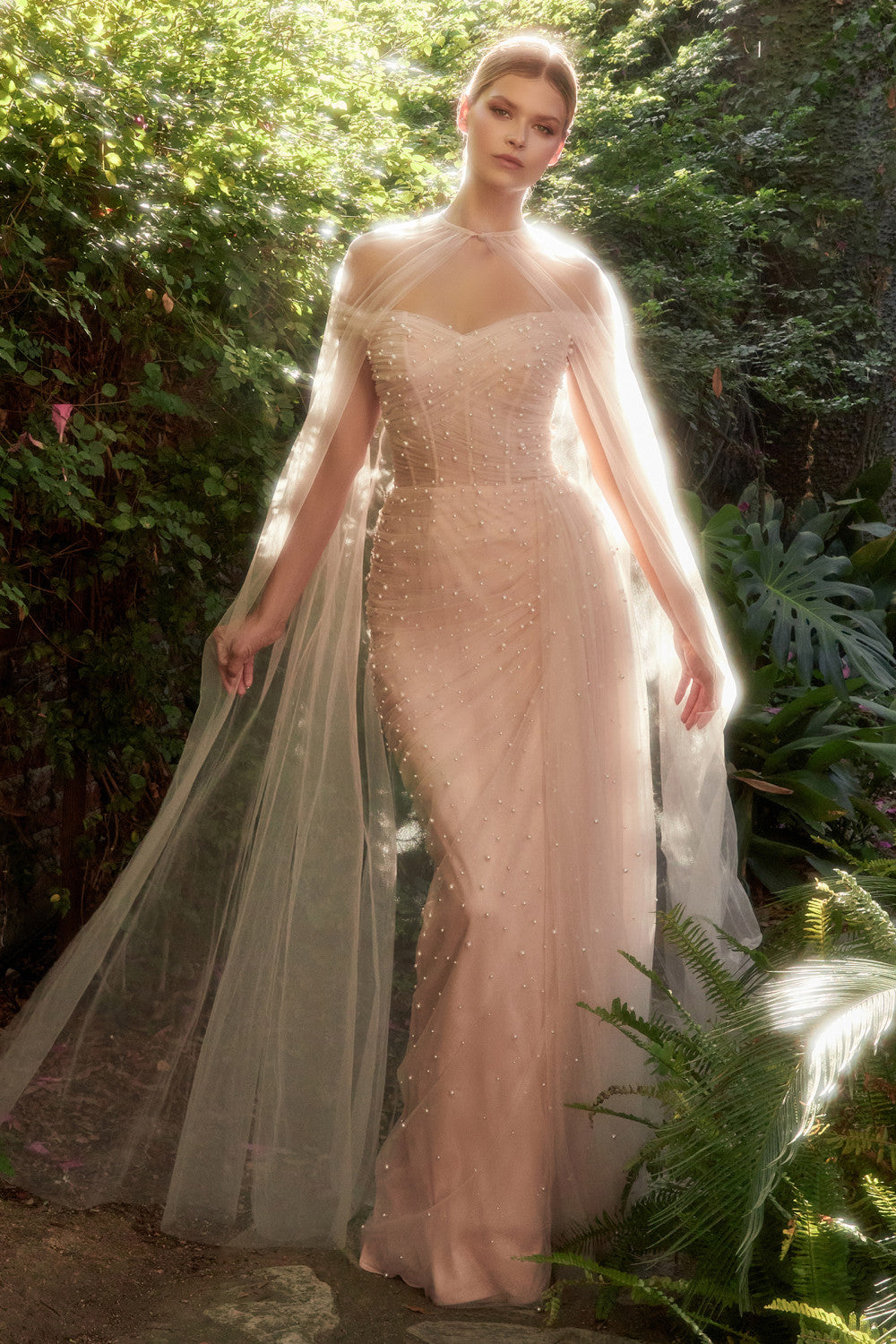 Pearl Pleated Tulle Gown With Cape By Andrea And Leo -A1219