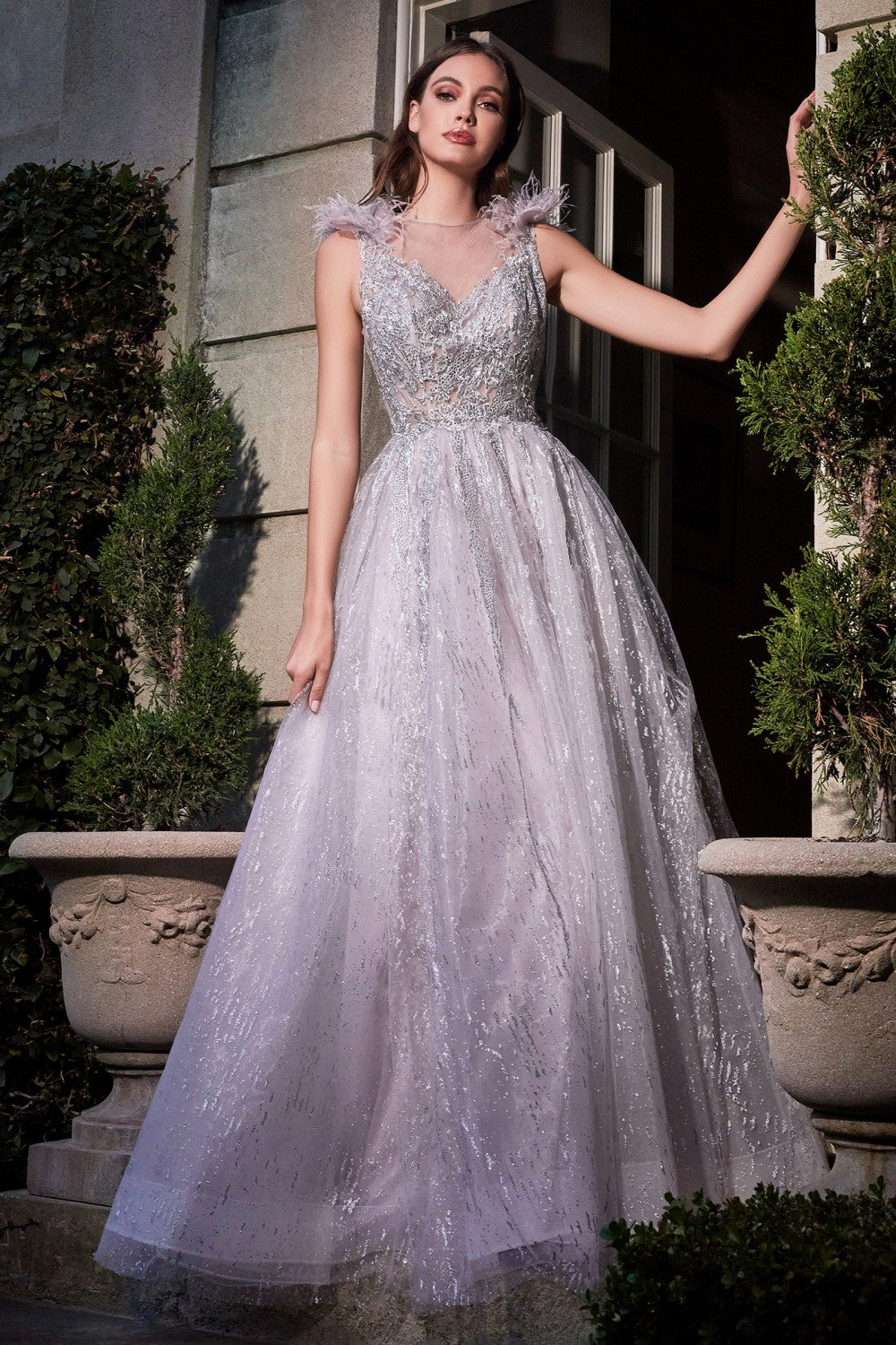 Feather Layered Tulle Gown By Cinderella Divine -B704