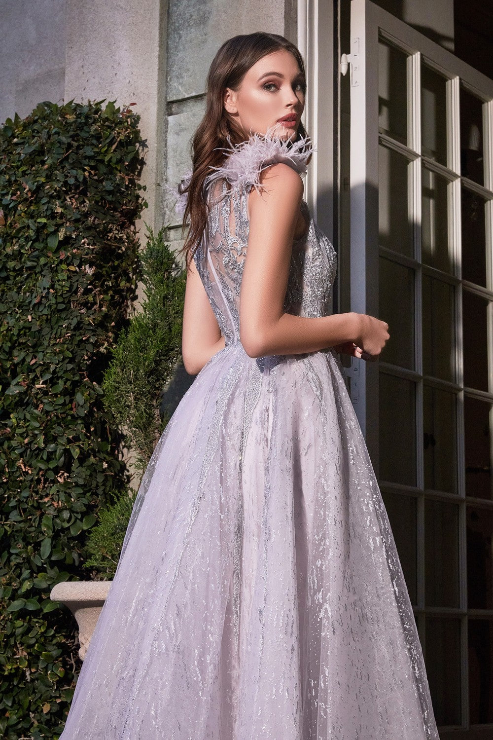 Feather Layered Tulle Gown By Cinderella Divine -B704