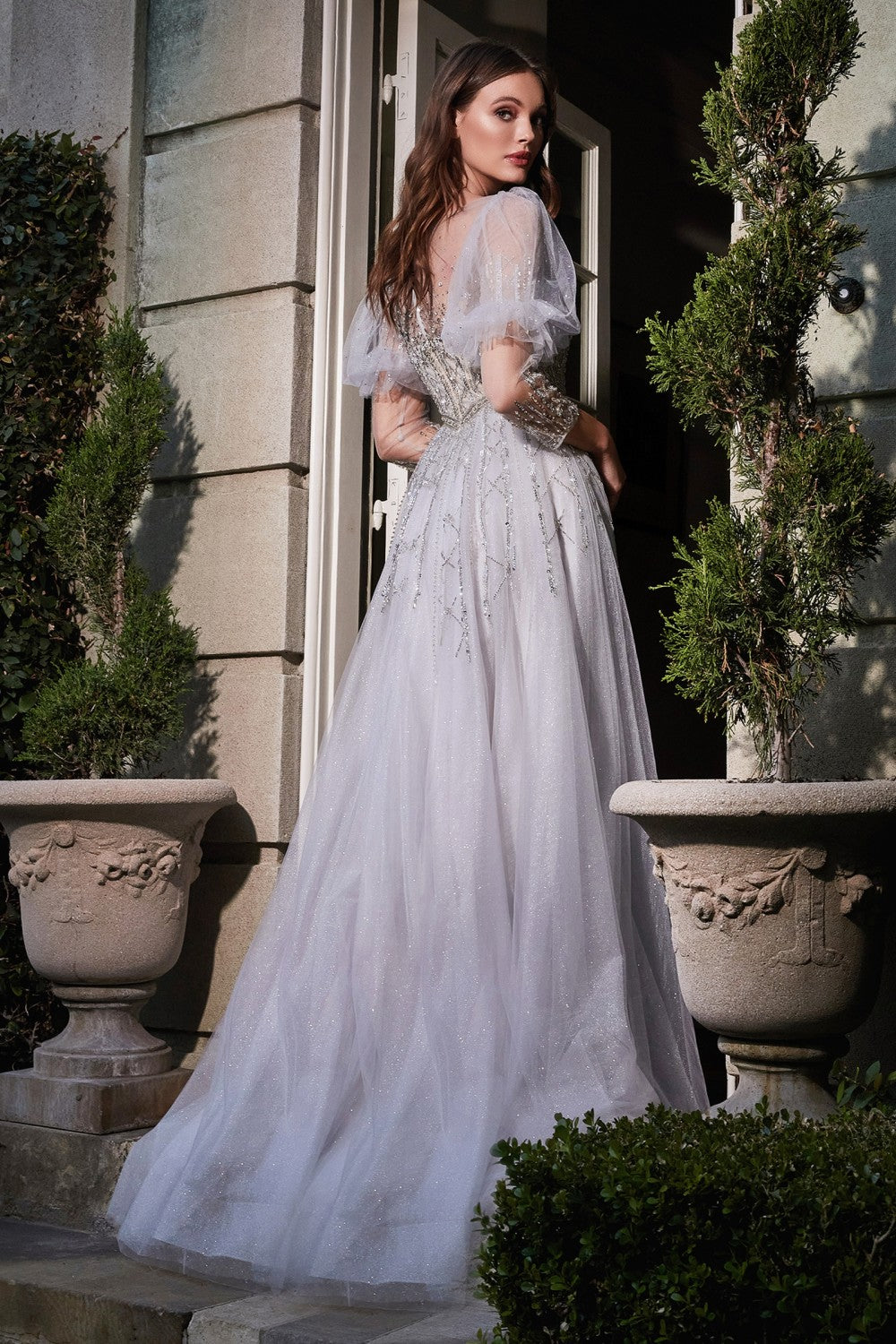 Beaded 3/4 Sleeve Tulle Gown By Cinderella Divine -B707