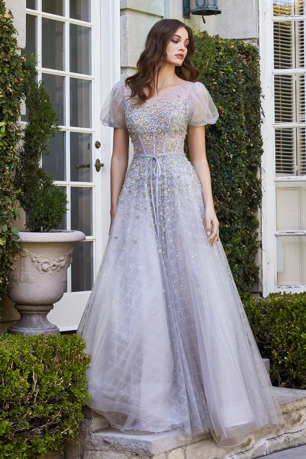 Embellished Beaded Short Sleeve Ball Gown by Cinderella Divine -B708