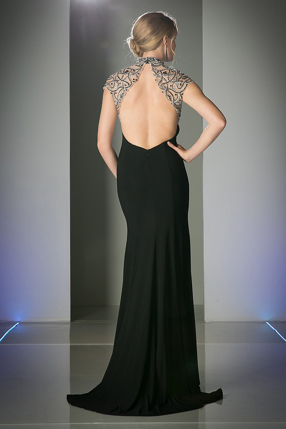 Illusion Beaded High Neck High Slit Dress By Cinderella Divine by Cinderella Divine -C225