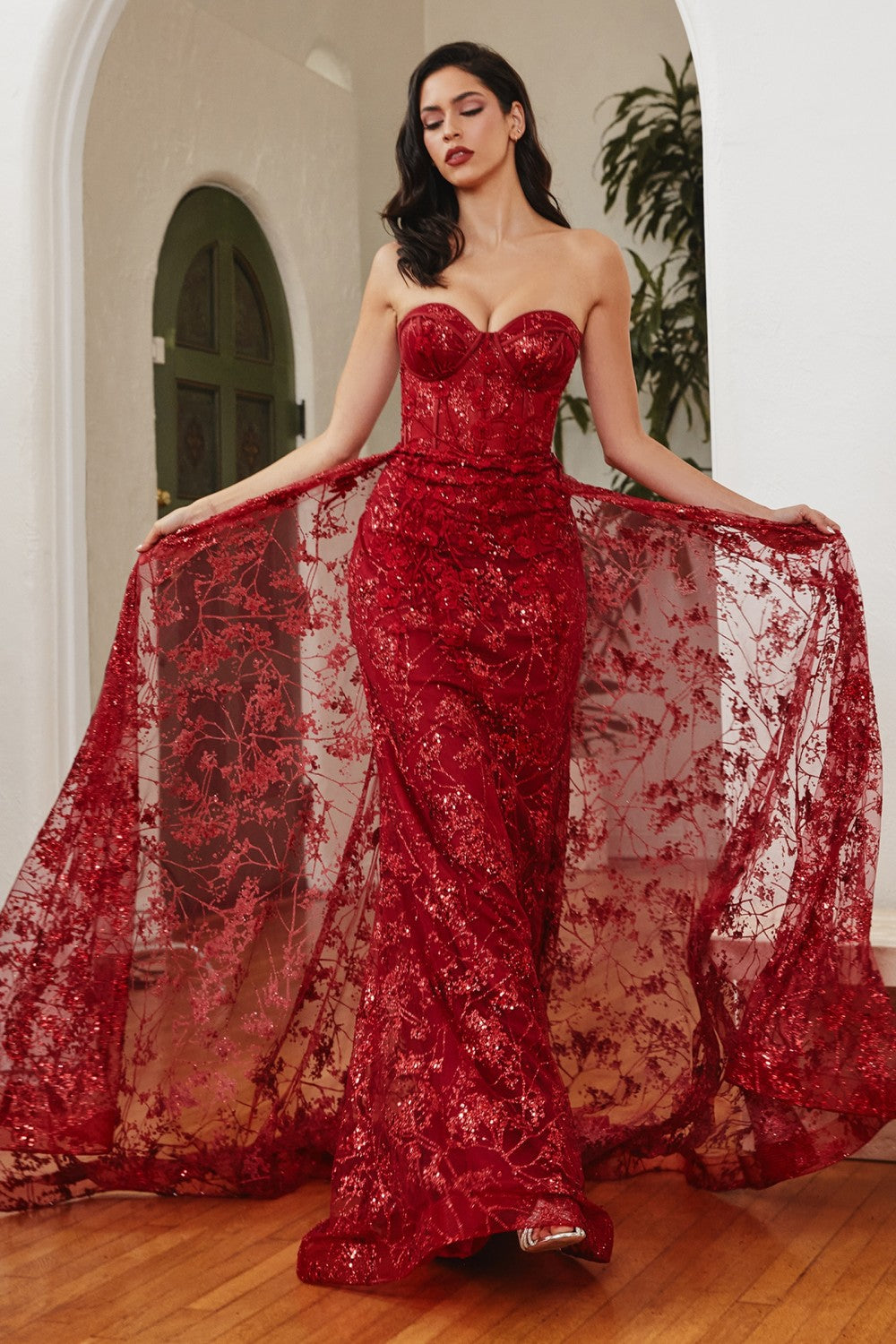 Strapless Fitted Gown With Floral Applique And Glitter Tulle Overskirt by Cinderella Divine -CB046