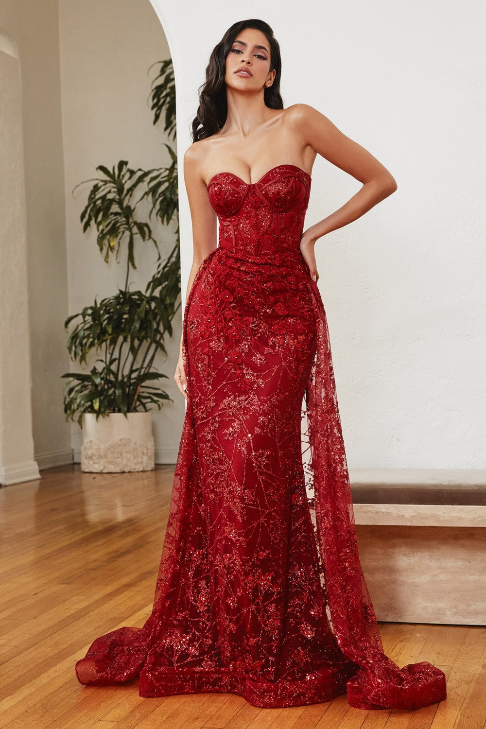 Strapless Fitted Gown With Floral Applique And Glitter Tulle Overskirt by Cinderella Divine -CB046