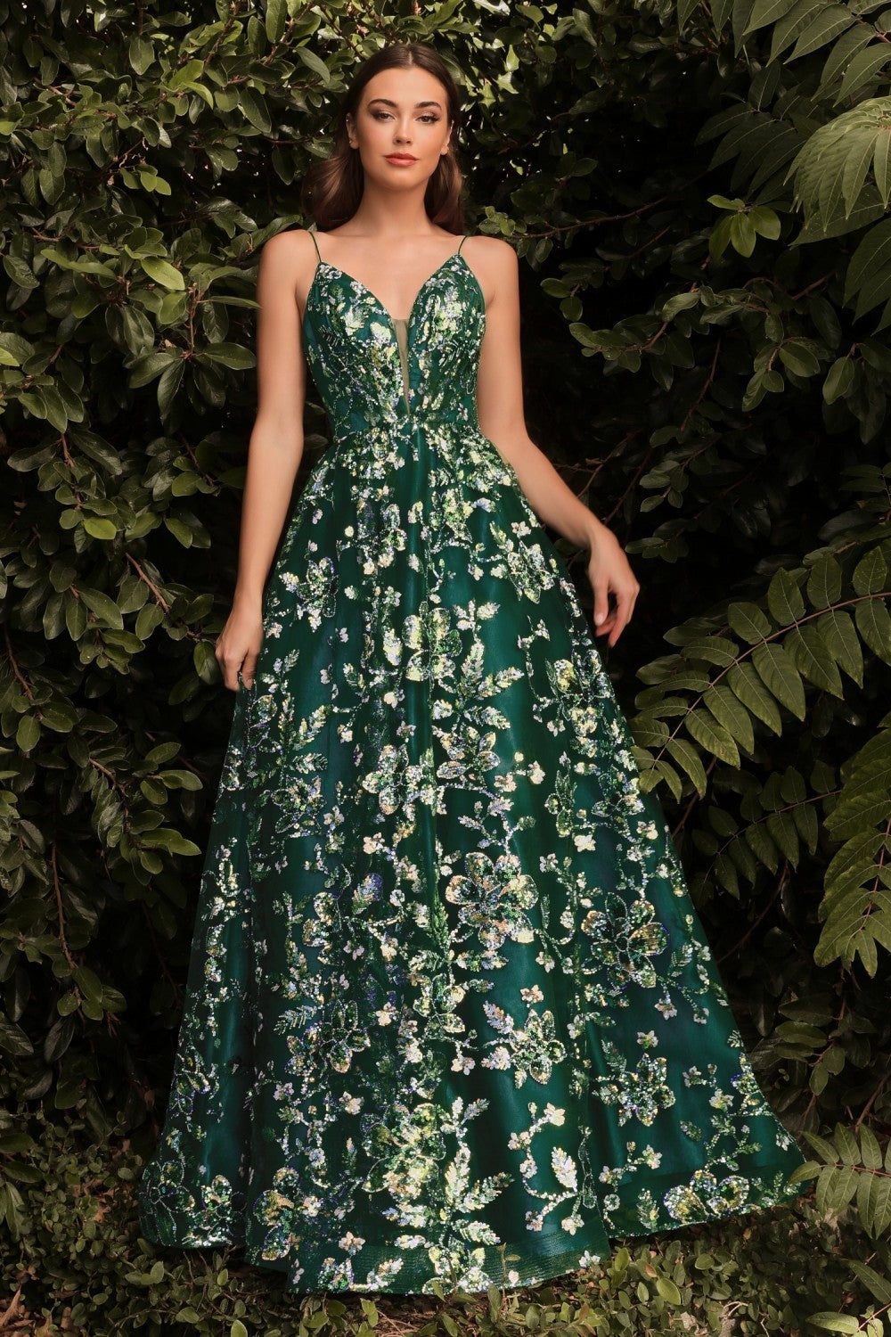 Sequin Floral Print Ball Gown By Cinderella Divine -CB073