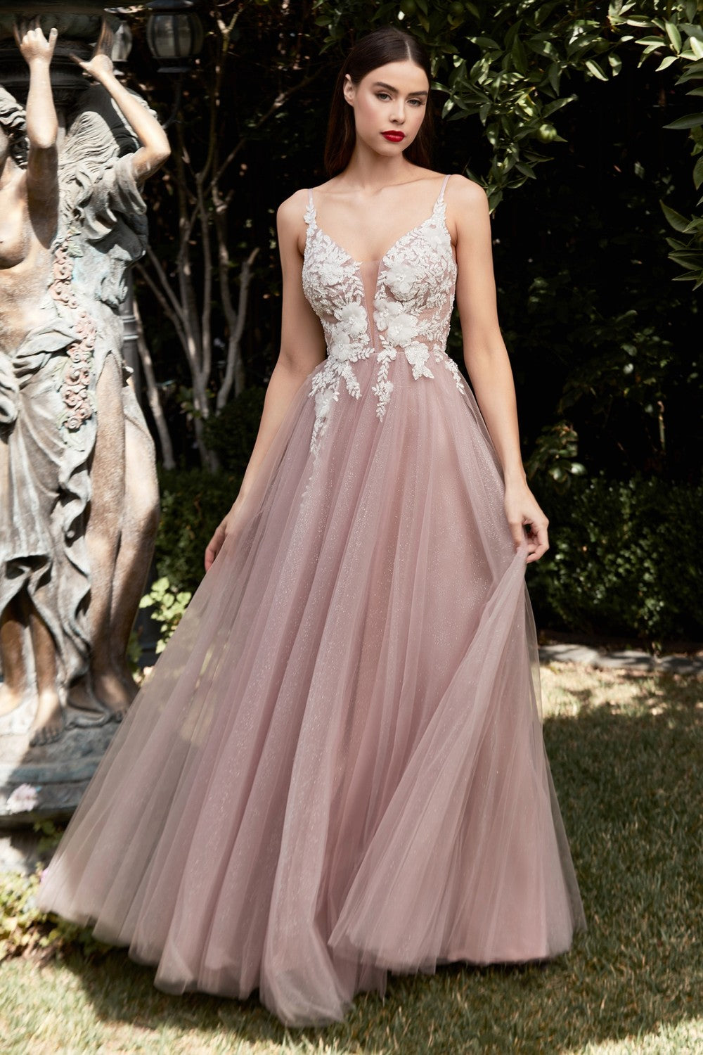 Floral Applique Tulle Gown By Cinderella Divine -CB075