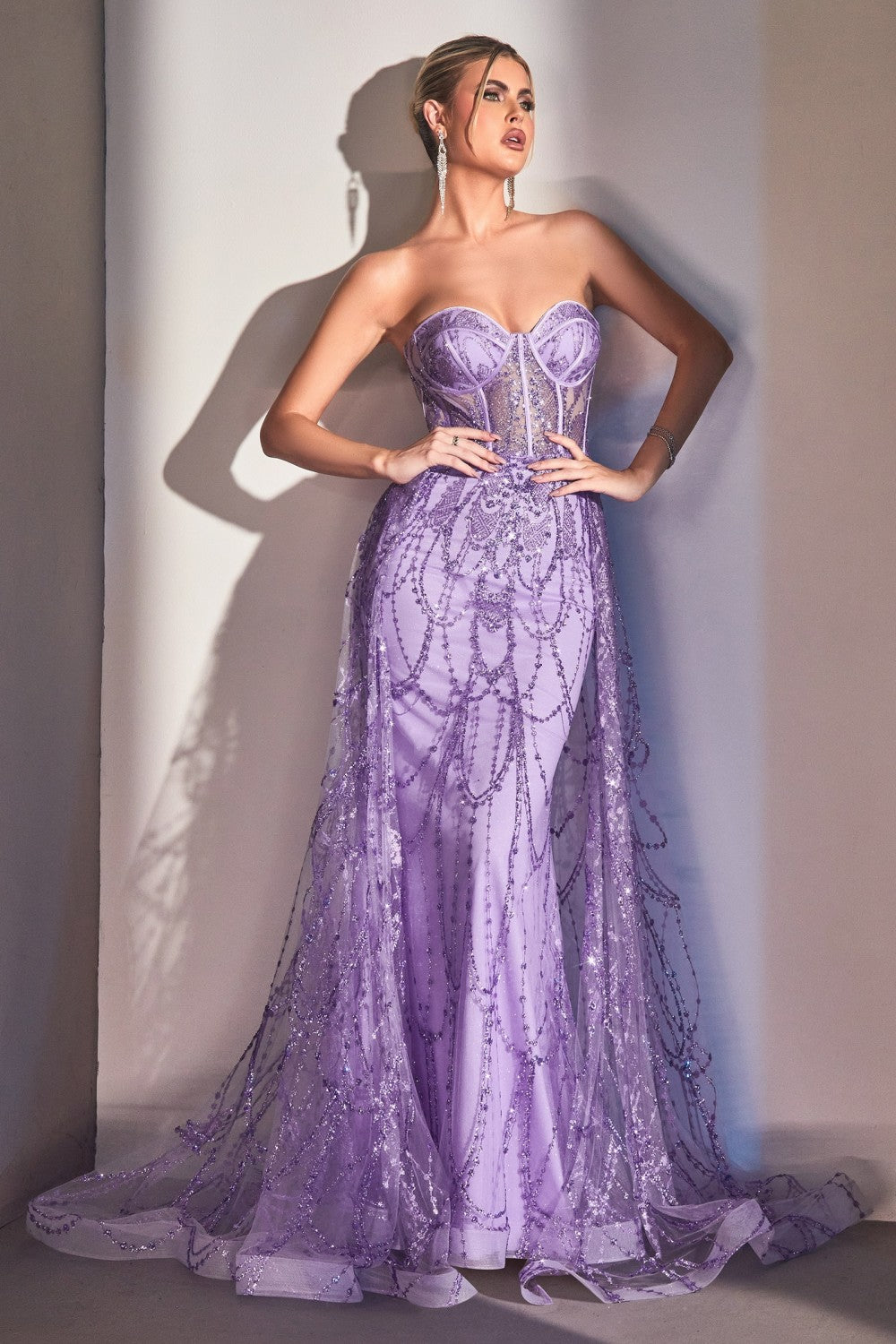 Strapless Lace Fitted Gown With Over Skirt By Cinderella Divine -CB095