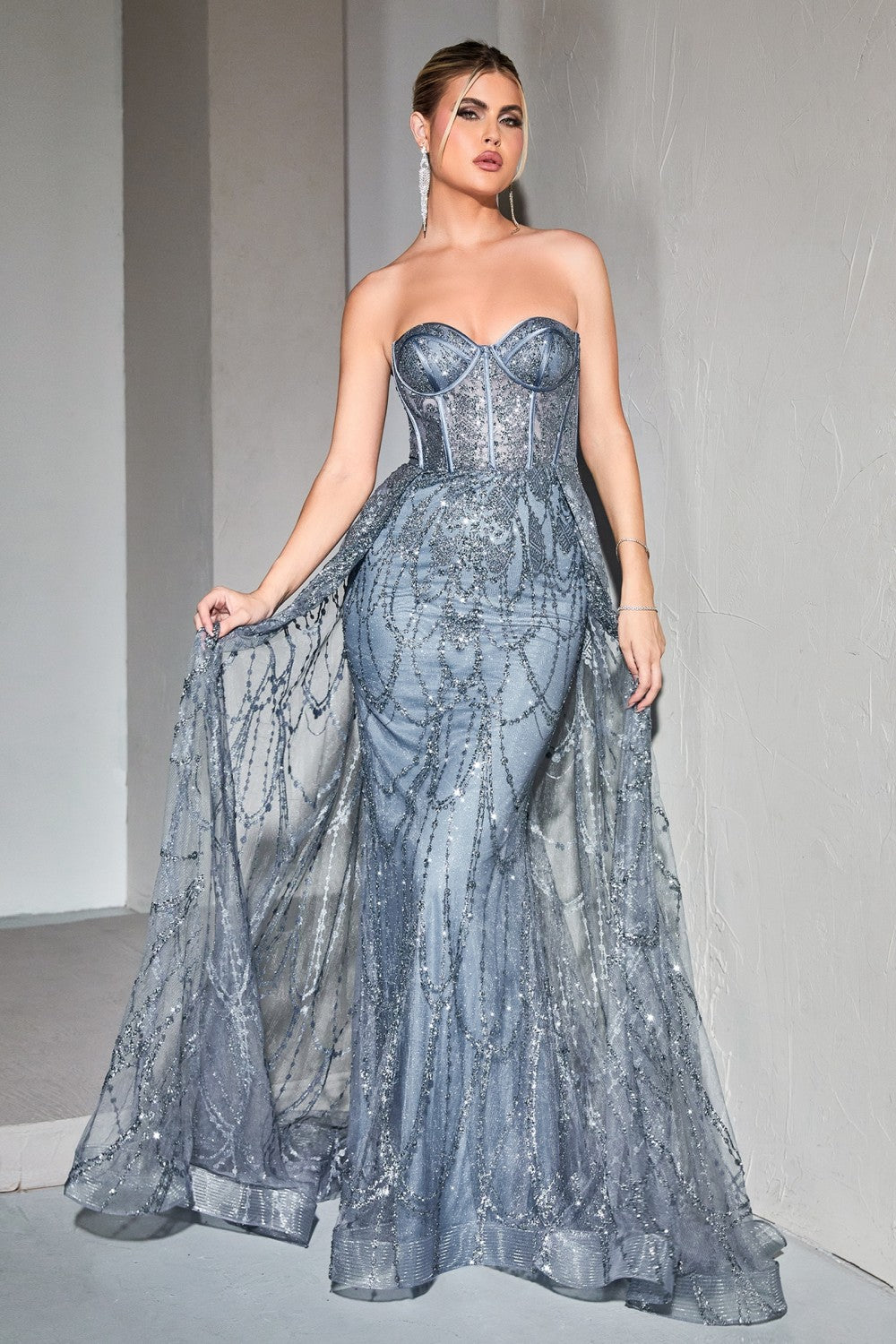 Strapless Lace Fitted Gown With Over Skirt By Cinderella Divine -CB095
