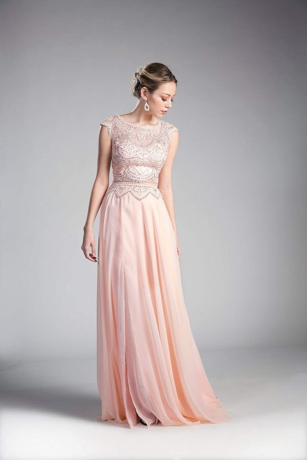 Beaded Lace Chiffon Dress By Cinderella Divine -CD0113