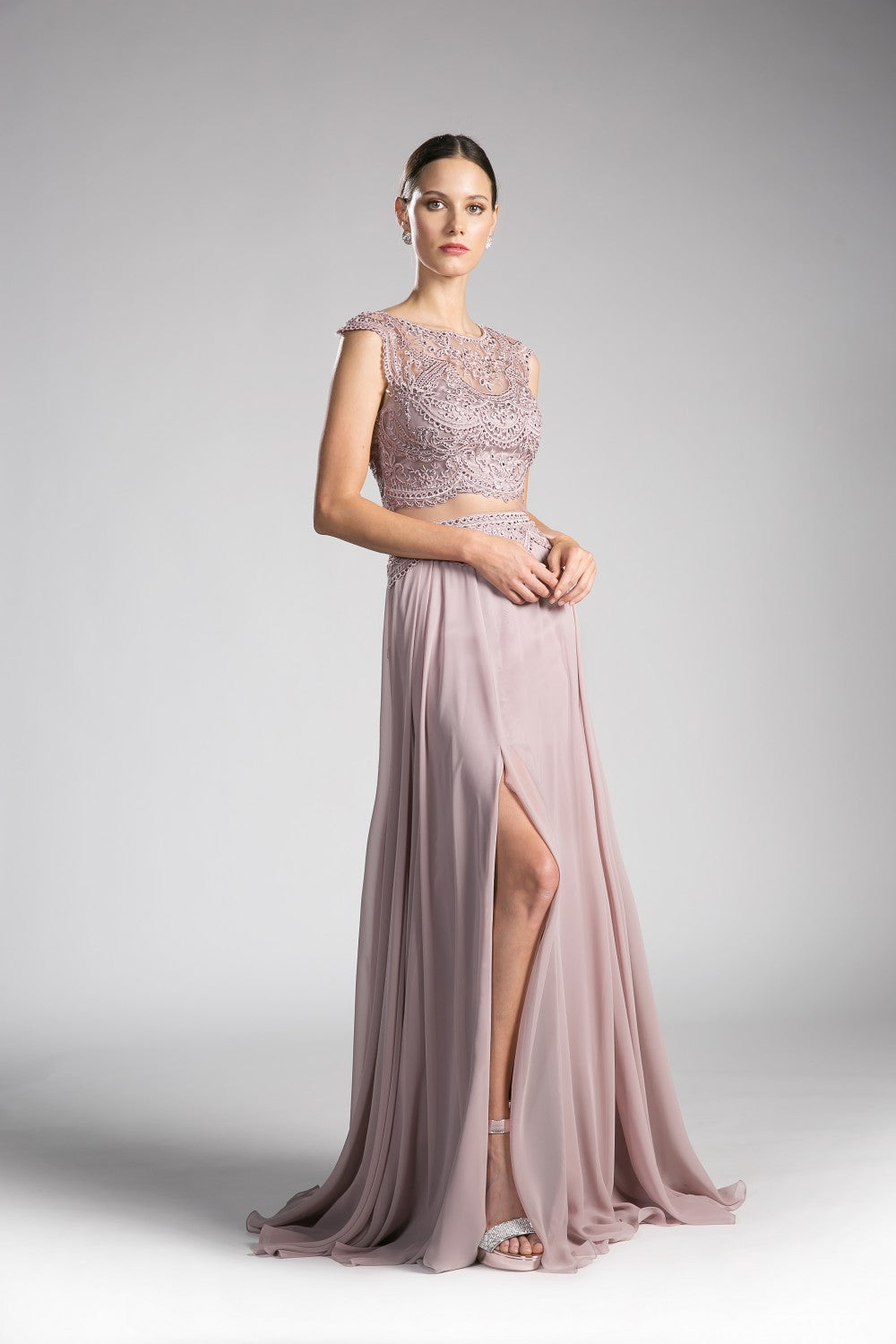 Beaded Lace Chiffon Dress By Cinderella Divine -CD0113