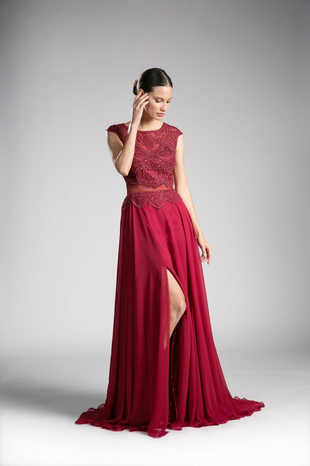 Beaded Lace Chiffon Dress By Cinderella Divine -CD0113