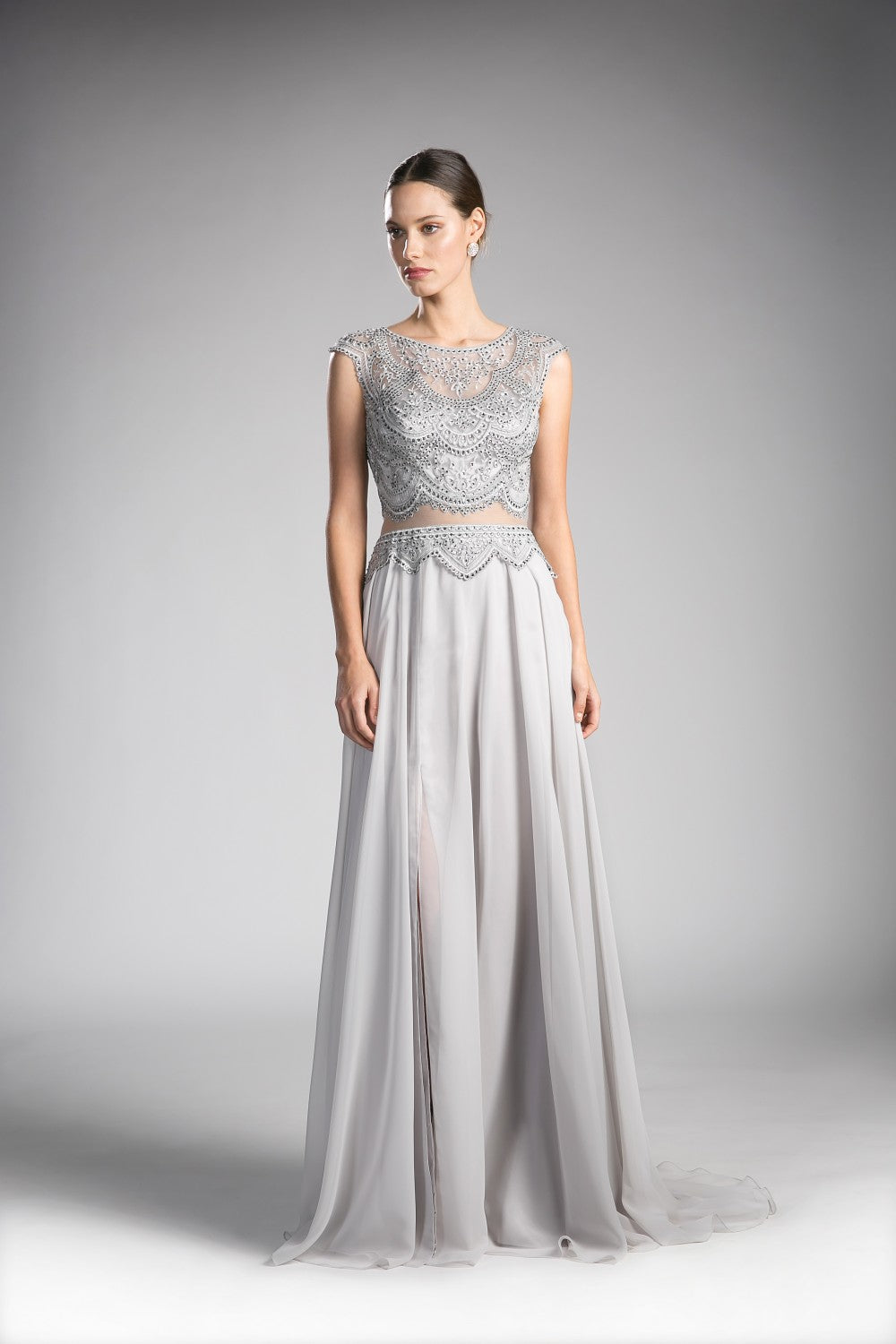 Beaded Lace Chiffon Dress By Cinderella Divine -CD0113