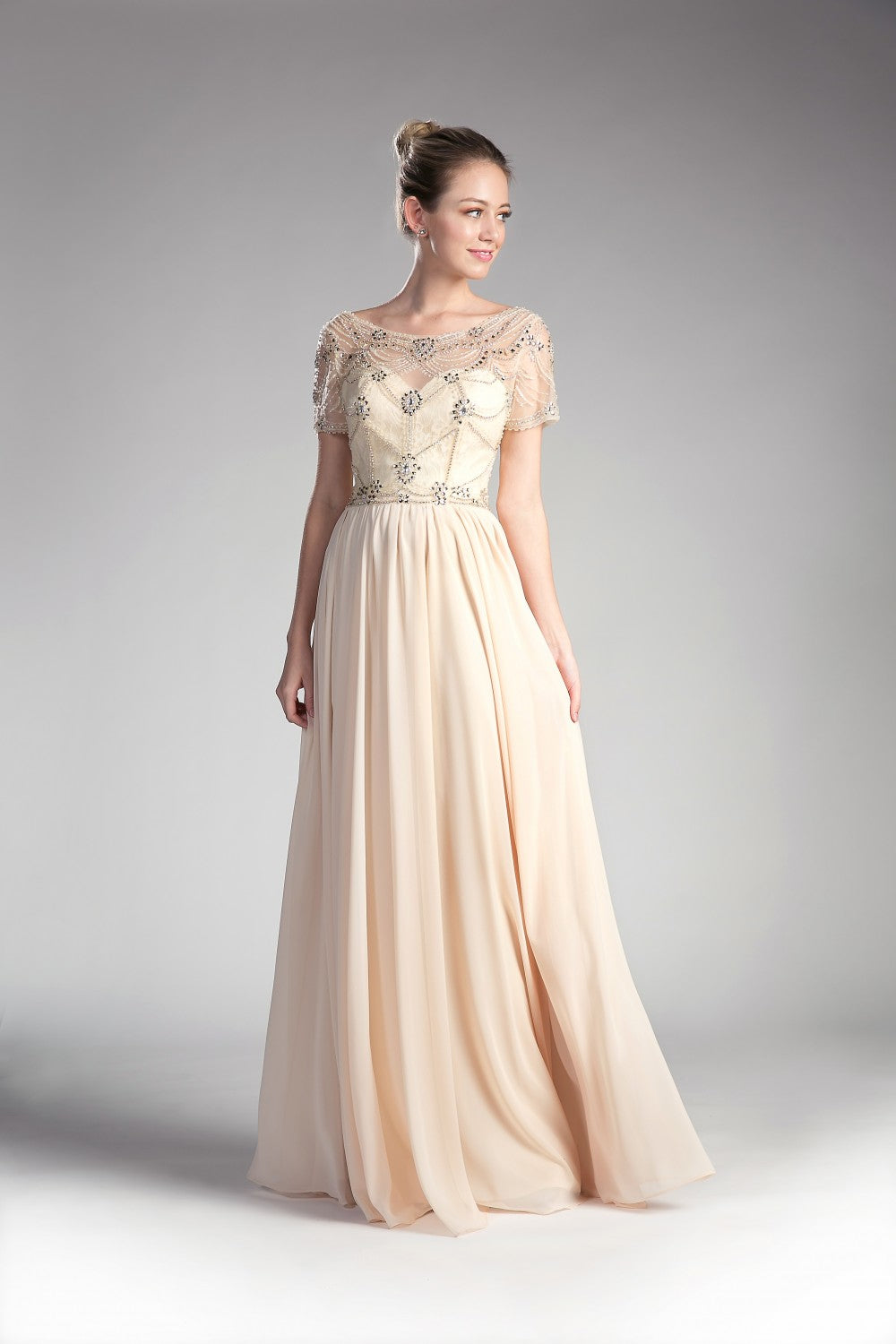 Beaded Bodice Chiffon Empire Waist Dress By Cinderella Divine -CD0123