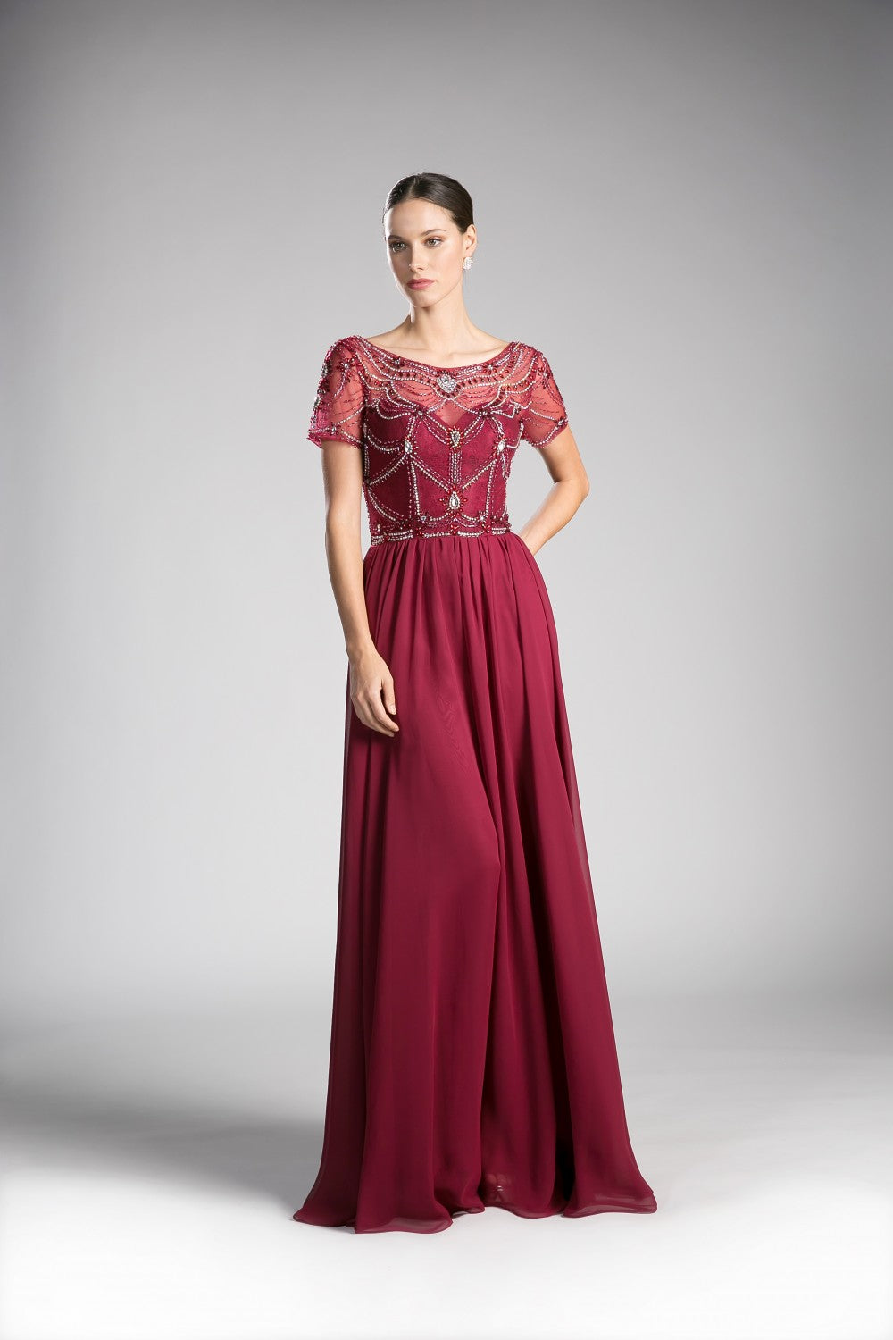 Beaded Bodice Chiffon Empire Waist Dress By Cinderella Divine -CD0123