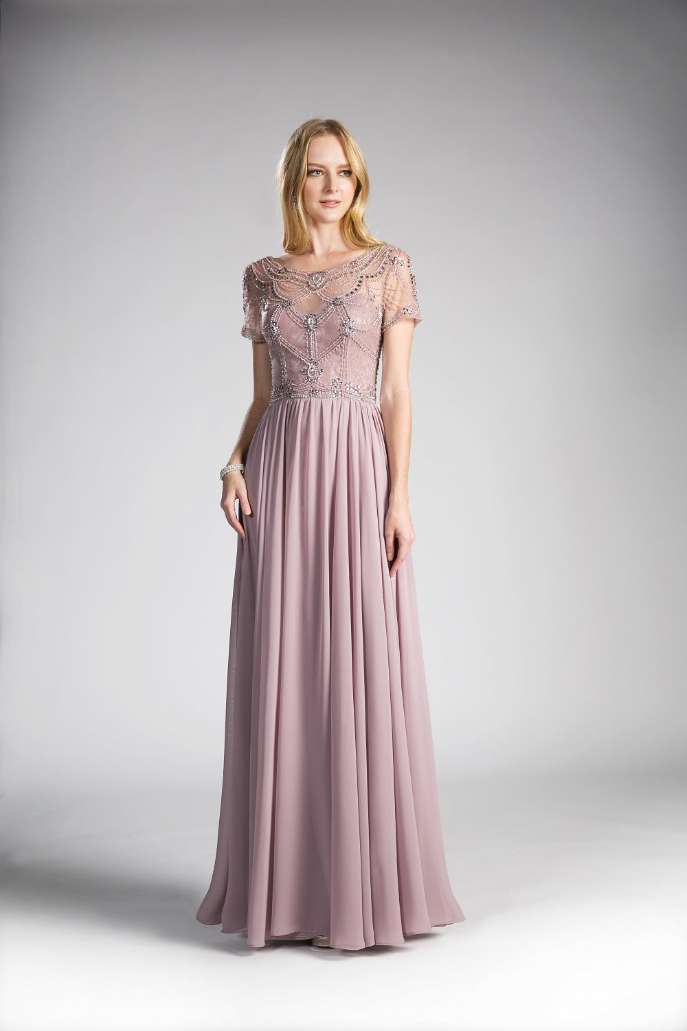 Beaded Bodice Chiffon Empire Waist Dress By Cinderella Divine -CD0123 Beaded Bodice Chiffon Empire Waist Dress By Cinderella Divine -CD0123