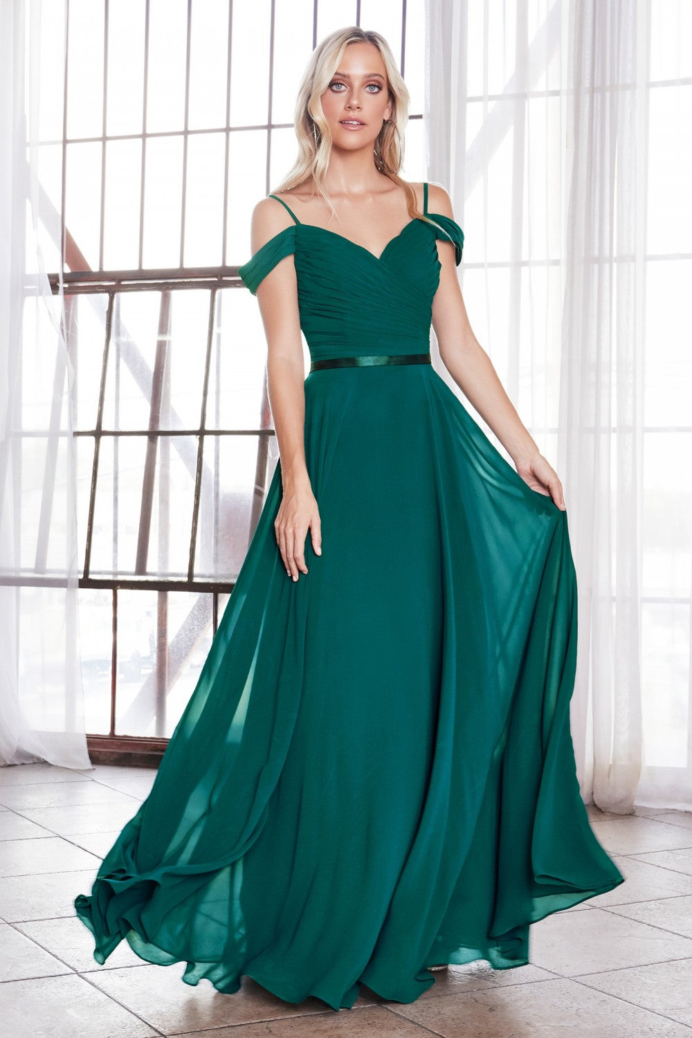 MyFashion.com - Off the shoulder chiffon gown with corset back and satin belt.(CD0156) - Cinderella Divine promdress eveningdress fashion partydress weddingdress 
 gown homecoming promgown weddinggown 