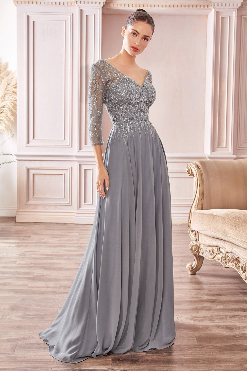 Flowy Chiffon A-Line Gown With Three-Quarter Sleeves And Trickle Embellished Bodice By Cinderella Divine -CD0171