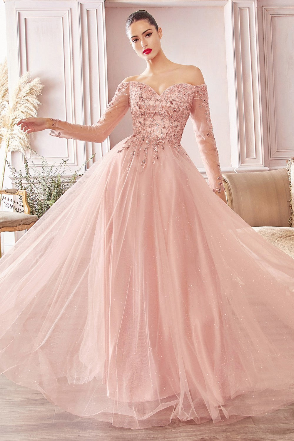 Clearance Sale A-Line Off The Shoulder Layered Tulle Gown With Floral Beaded Bodice By Cinderella Divine -CD0172CL