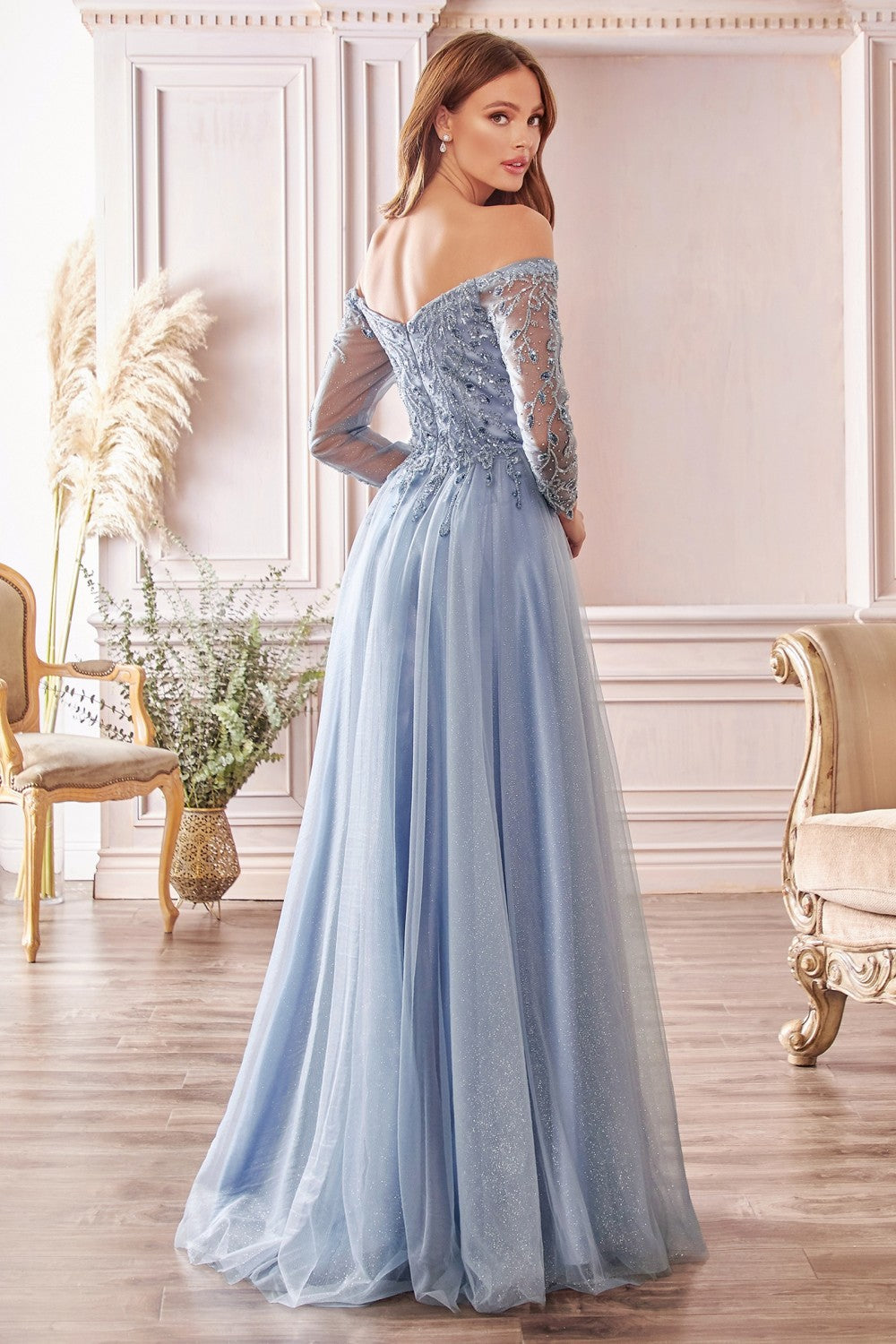 Clearance Sale A-Line Off The Shoulder Layered Tulle Gown With Floral Beaded Bodice By Cinderella Divine -CD0172CL