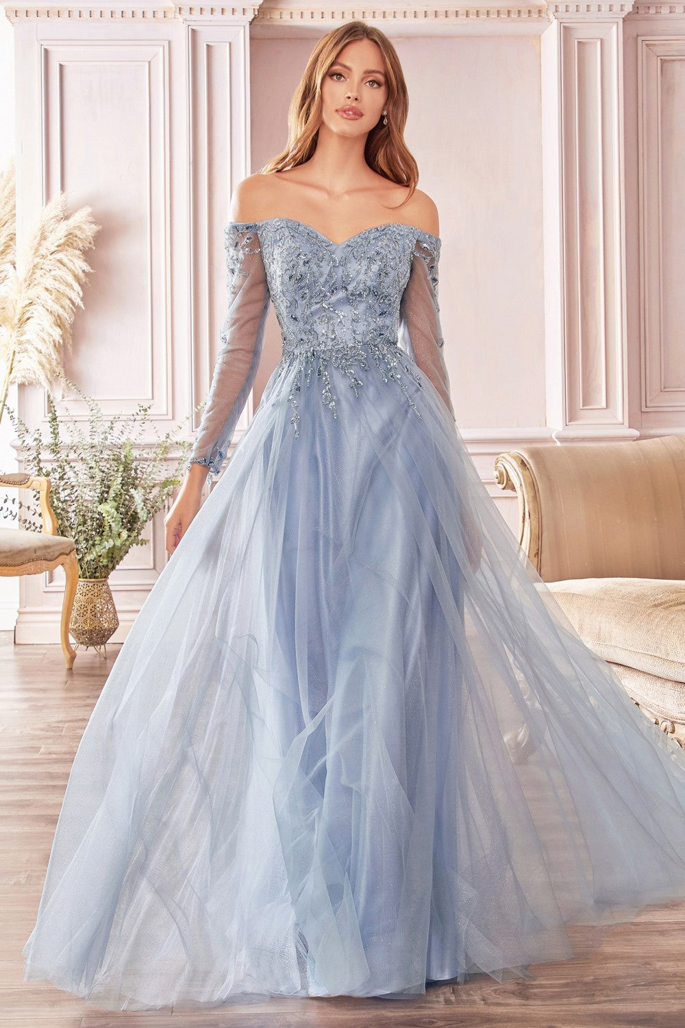 Clearance Sale A-Line Off The Shoulder Layered Tulle Gown With Floral Beaded Bodice By Cinderella Divine -CD0172CL
