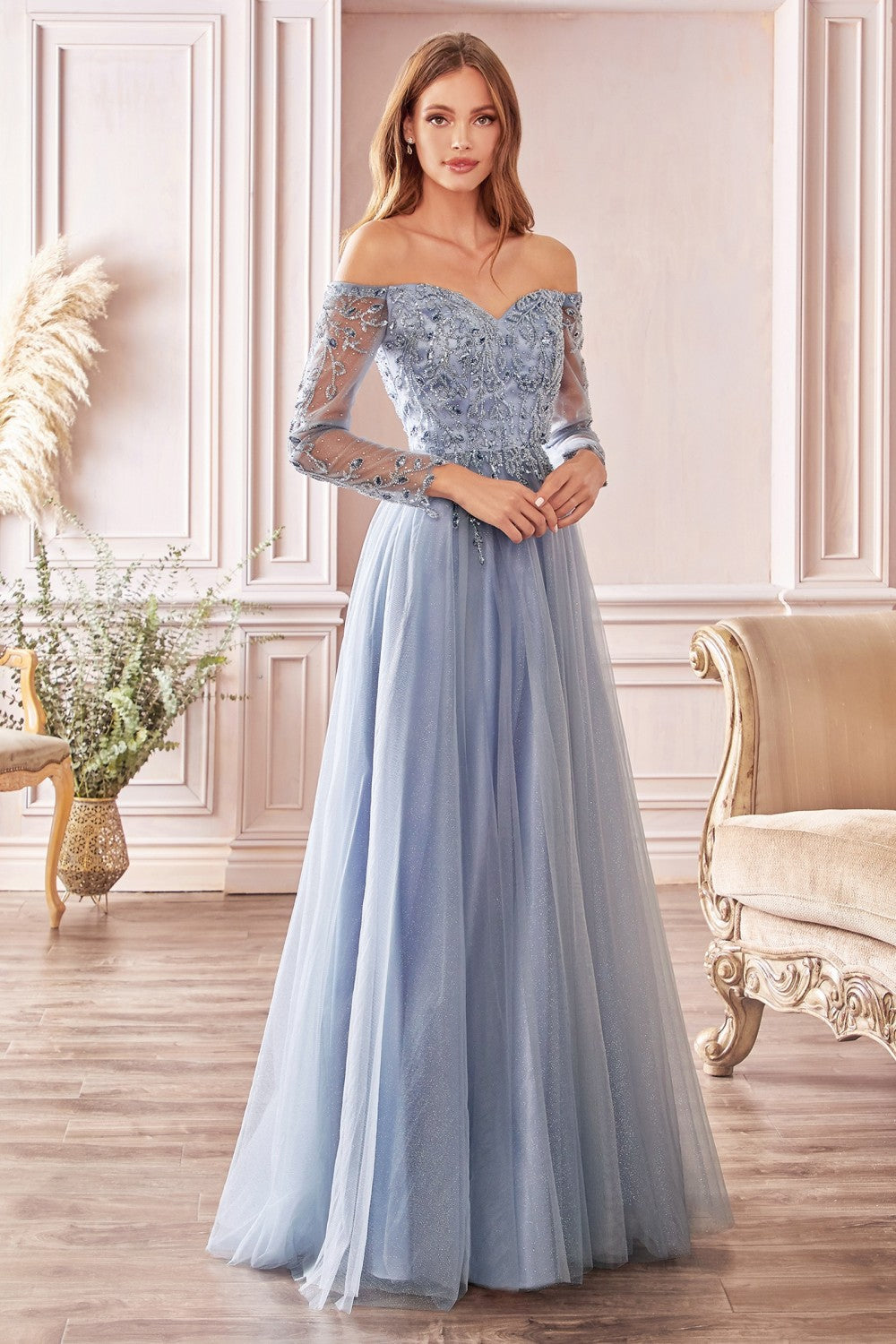 Clearance Sale A-Line Off The Shoulder Layered Tulle Gown With Floral Beaded Bodice By Cinderella Divine -CD0172CL