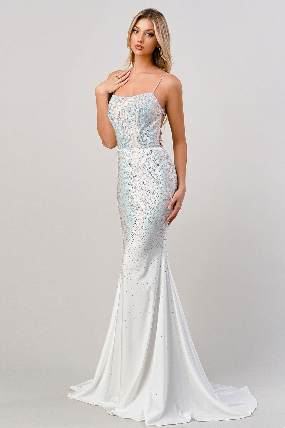 Fitted Rhinestone Lace-Up Gown By Cinderella Divine -CD0179