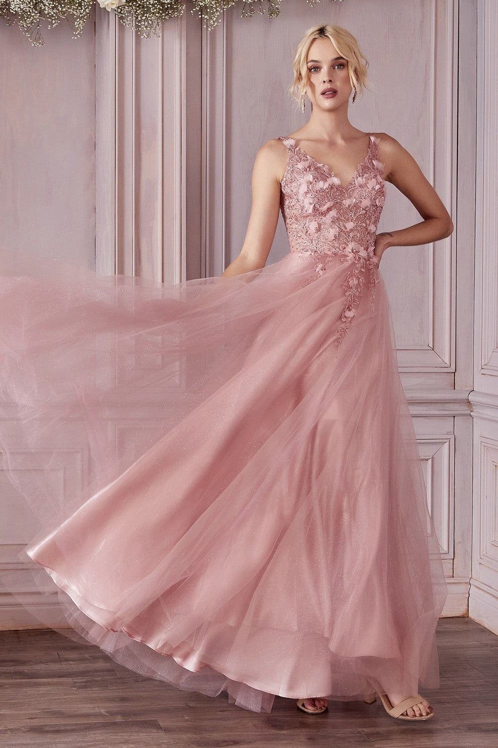 Long 3d Floral Tulle Dress By Cinderella Divine -CD0181