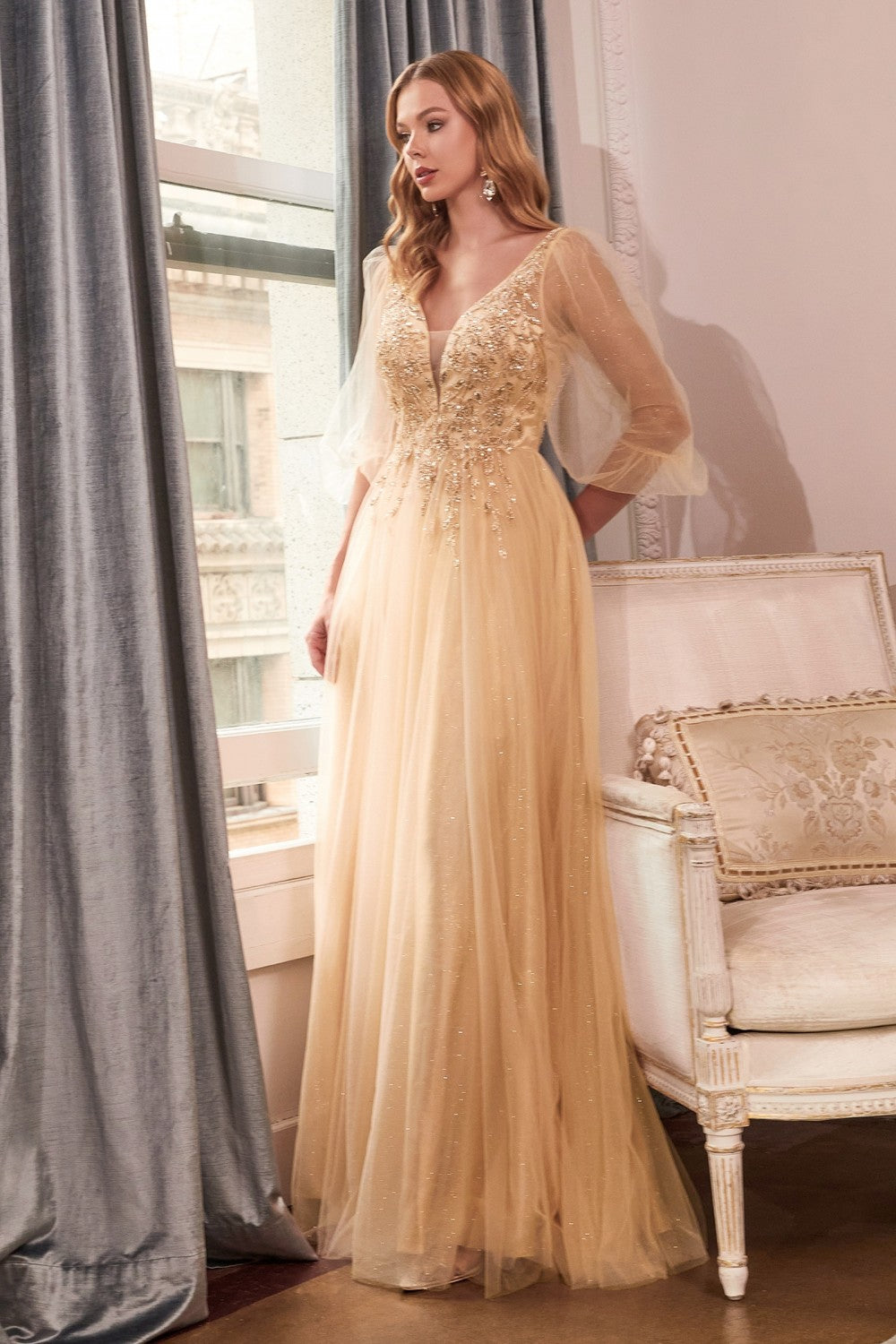 Puff Sleeve Glitter Tulle Gown By Cinderella Divine -CD0182