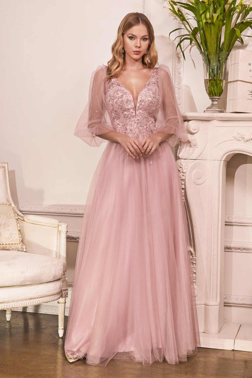 Puff Sleeve Glitter Tulle Gown By Cinderella Divine -CD0182