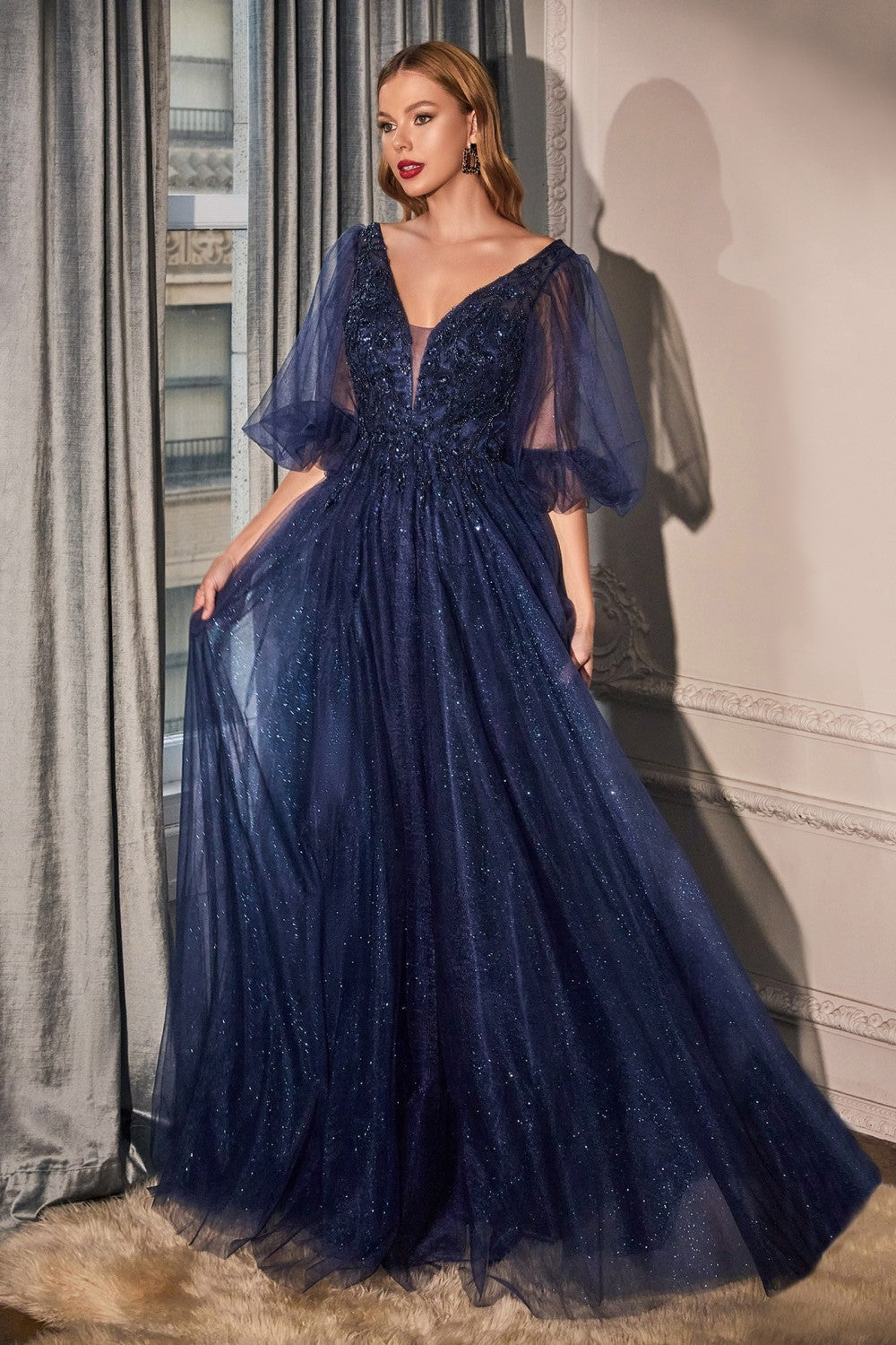 Puff Sleeve Glitter Tulle Gown By Cinderella Divine -CD0182