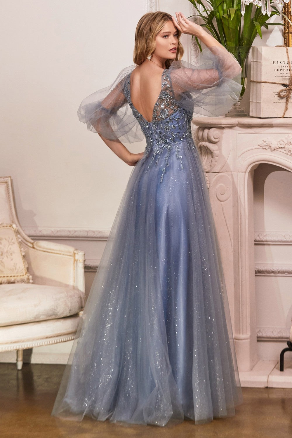 Puff Sleeve Glitter Tulle Gown By Cinderella Divine -CD0182